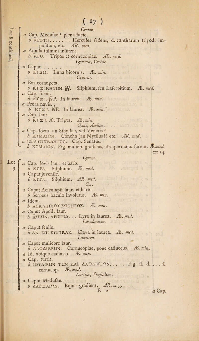 V Croton. a Cap. Medufae ? plena facie. b JCPOTii.Hercules fedens, d. caltharum trqod. im¬ politum, etc. AR. med. a Aquila fulmini infiftens. b KPG. Tripos et cornucopiae. AR. m d. Cydonia, Cretae. a Caput ..... b KYAE2. Luna bicornis. JE. min. Cyzicus. a Bos cornupeta. b KY x 1KHNI2N. [jf. Silphium, feu Laferpitium. JE.. med\ a Cap. foem. b KTffil. |yP. In laurea. JE. min. a Prora navis. , b Kr cq i. h/E. In laurea. JE. min.' a Cap. laur. b KY X I. A°. Tripus. JE. min. Cyme, Aeoliae. a Cap. foem. an Sibyllae, vel Veneris ? b KYMAI&n. Concha (an Mytilus ?) etc. AR. med. a lePA CTNKAHTOC. Cap. Senatus. b KYMAI&N. Fig. mulieb. gradiens, utraque manu facem. M.med, = H r Cyrene. a Cap. Jovis laur. et barb. b KYPa. Silphium. JE. med. a Caput juvenile. b KYPA. Silphium. AR. 7ned. Cos. a Caput Aefculapii laur. et barb. b Serpens baculo involutus. JE. min. a Idem. b aSKAHIIIOY inTHPOr. JE. min. a Caput Apoll. laur. b KAMftN. APiSTlA. . . Lyra in laurea. JE.med. Lacedaemon. a Caput fenile. b AA. Efll EYPYKAE. Clava in laurea. JE. med. Laodicea. a Caput muliebre laur. b AAOA1K.EON. Cornucopiae, pone caduceus. JE.min» a Id. abfque caduceo. JE. min. a Cap. turrit. b IOYAIES2N T&N KAl AaOUKEHN.Fig. 11. d. «, cornucop. JE. med. Larijfa, Lhejfaliae. a Caput Medufae. b AAP.2AU2N. Equus gradiens. AR.mag.