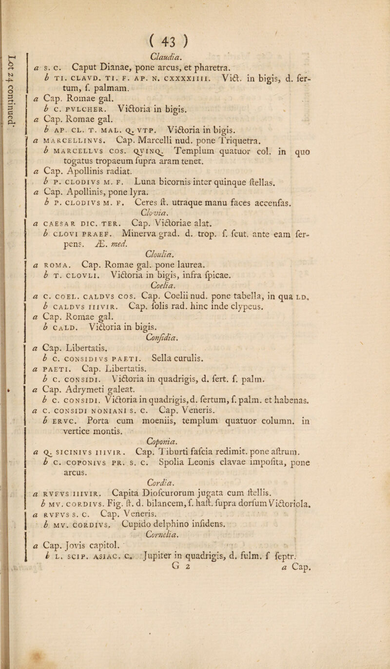 / ( 43 ) Claudia. a s. c. Caput Dianae, pone arcus, et pharetra, b ti. clavd. ti. f. ap. n. cxxxxiin. Vidi, in bigis, d. fer¬ tum, f. palmam. a Cap, Romae gal. b c. fvlcher. Vidtoria in bigis. a Cap. Romae gal. b ap. cl, t. mal. q. vtp. Vidtoria in bigis. a marcellinvs. Cap. Marcelli nud. pone Triquetra. b marcellvs cos. qvinq^ Templum quatuor coi. in quo togatus tropaeum fupra aram tenet. a Cap. Apollinis radiat. b p. clodivs m. f. Luna bicornis inter quinque Hellas. a Cap. Apollinis, pone lyra. b p. clodivs m. f. Ceres 11. utraque manu faces accenfas. Cluvia. a caesar dic. ter. Cap. Vidtoriae alat. b clovi praef. Minerva grad. d. trop. f. fcut. ante eam fer- pens. JE. med. Cloulia. a roma. Cap. Romae gal. pone laurea. b t. clovli. Vidtoria in bigis, infra fpicae. Coeli a, a c. coel. caldvs cos. Cap. Coeliinud. pone tabella, in qua ld, b caldvs iiivir. Cap. folis rad. hinc inde clypeus. a Cap. Romae gal. b cald. Vidtoria in bigis. Conjldia. a Cap. Libertatis. b c. considivs paeti. Sella curulis. a paeti. Cap. Libertatis. b c. considi. Vidtoria in quadrigis, d. fert. f. palm, a Cap. Adrymeti galeat. b c. considi. Vidtoria in quadrigis,d. fertum, f. palm. et habenas. a c. considi noniani s. c. Cap. Veneris. b ervc. Porta cum moeniis, templum quatuor column. in vertice montis. Coponia. a sicinivs iiivir. Cap. Tiburti fafcia redimit, pone aftrum. b c. coponivs pr. s. c. Spolia Leonis clavae impofita, pone arcus. Cordi a. a rvfvs iiivir. Capita Diofcurorum jugata cum ltellis. b mv. cordivs. Fig. ft. d. bilancem, f. halt. fupra dorfum Vidloriola. a rvfvs s. c. Cap. Veneris. b mv. cordivs. Cupido delphino infidens. Cornelia. a Cap. Jovis capitol. h l. scip. a5iac. c. jupiter in quadrigis, d. fulm. f feptr. G 2 a Cap. \ $