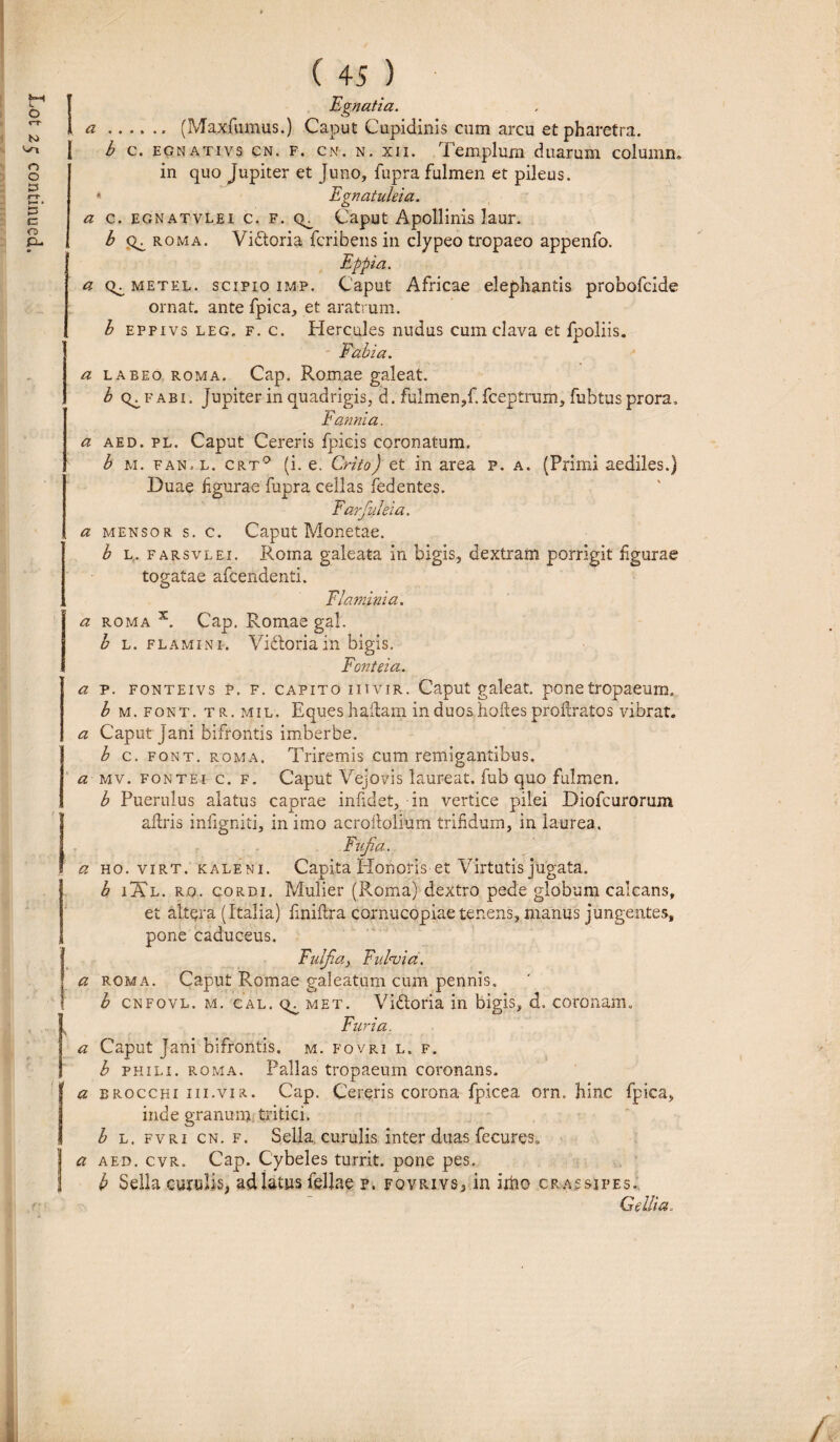 I Egnatia. a.. (Maxfumus.) Caput Cupidinis cum arcu et pharetra. a c. egnatvlei c. f. Caput Apollinis laur. b roma. Vidtoria fcribens in clypeo tropaeo appenfo. Eppia. a (>. metel. scipio IMF. Caput Africae elephantis probofcide ornat, ante fpica, et aratrum. b epfivs leg. f. c. Hercules nudus cum clava et fpoliis. Fabia. a labeo roma. Cap. Romae galeat. b q^fabi. Jupiter in quadrigis, d. fulmen,f. fceptrum, fubtus prora, Fannia. a aed. pl. Caput Cereris fpicis coronatum. b m. fan.l. crt° (i. e. Crito) et in area p. a. (Primi aediles.) Duae hgurae fupra cellas fedentes. Farfuleia. a mensor s. c. Caput Monetae. b l. farsvlei. Roma galeata in bigis, dextram porrigit figurae togatae afcendenti. Flaminia. a roma x. Cap. Romae gal. b l. flamini. Vidloriain bigis. Fonteia. a p. fonteivs p. f. capito iiivir. Caput galeat, pone tropaeum. b m.font. tr.mil. Eques haflam induoSjhoftesproftratos vibrat. a Caput Jani bifrontis imberbe. b c. font. roma. Triremis cum remigantibus. a mv. Fontei c. f. Caput Vejovis laureat. fub quo fulmen. b Puerulus alatus caprae infidet, in vertice pilei Diofcurorum aflris infigniti, in imo acroftolium trifidum, in laurea. Fufia. a ho. virt. kaleni. Capita Honoris et Virtutis jugata. b i~Kl. r.o. cordi. Mulier (Roma) dextro pede globum calcans, et altara (Italia) finiftra cornucopiae tenens, manus jungentes, pone caduceus. Fulfa} Ful<via. a roma. Caput Romae galeatum cum pennis. b cnfovl. m. cal. met. Vi&oria in bigis, d. coronam. Furia. a Caput Jani bifrontis, m. fovri l. f. b phili. roma. Pallas tropaeum coronans. a brocchi iii.vir. Cap. Cereris corona fpicea orn. hinc fpica, inde granum tritici. b l. fvri cn. f. Sella, curulis inter duas fecures. a aed. cvr. Cap. Cybeles turrit. pone pes. b Sella curulis, ad latus fellae ?. fovrivs, in iiho cra.ssjpes. Gellia.