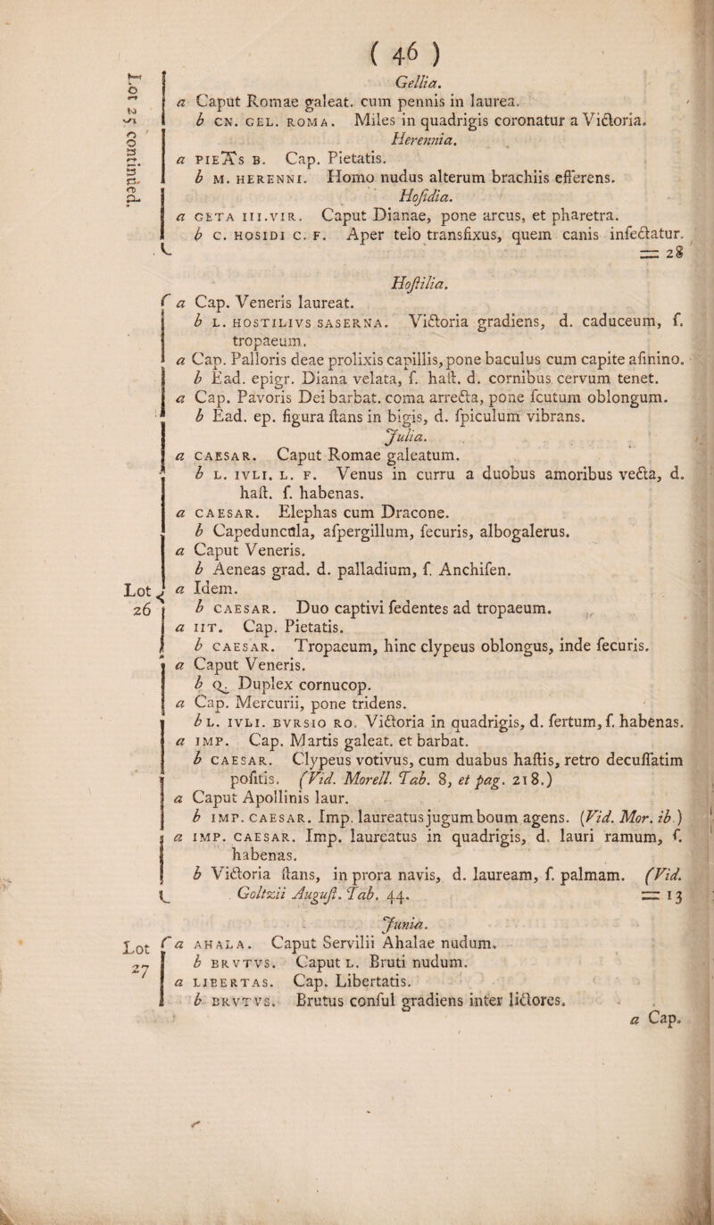 a Caput Romae galeat, cum pennis in laurea, b m. herenni. Homo nudus alterum brachiis efferens. Hofidia. a geta m.vir. Caput Dianae, pone arcus, et pharetra. b c. hosidi c. f. Aper telo transfixus, quem canis infe&atur. C * — 2 § Lot 26 Hojiilia. a Cap. Veneris Iaureat. b l. hostilivs saserna. Vidtoria gradiens, d. caduceum, f. tropaeum, a Cap. Palloris deae prolixis capillis, pone baculus cum capite afinino. b E ad. epigr. Diana velata, f. hait. d. cornibus cervum tenet. a Cap. Pavoris Dei barbat. coma arrefta, pone fcutum oblongum. b Ead. ep. figura flans in bigis, d. fpiculum vibrans. a caesar. Caput Romae galeatum. b l. ivli. l. f. Venus in curru a duobus amoribus ve£ta, d. hafl. f. habenas. a caesar. Elephas cum Dracone. b Capeduncula, afpergillum, fecuris, albogalerus. a Caput Veneris. b Aeneas grad. d. palladium, f. Anchifen. a Idem. b caesar. Duo captivi Pedentes ad tropaeum. a iit. Cap. Pietatis. b caesar. Tropaeum, hinc clypeus oblongus, inde fecuris, a Caput Veneris. b Duplex cornucop. a Cap. Mercurii, pone tridens. b l. ivli. EVRsio ro, Vidloria in quadrigis, d. fertum, f. habenas. a imp. Cap. Martis galeat, et barbat. b caesar. Clypeus votivus, cum duabus haflis, retro decuffatim pofitis, (Vid. Morell. Tab. 8, et pag. 218.) a Caput Apollinis laur. b imp. caesar. Imp, laureatus jugum boum agens. [Vid.Mor.ib.) a imp. caesar. Imp. laureatus in quadrigis, d. lauri ramum, f. habenas. h Vidloria flans, in prora navis, d. lauream, f. palmam. (Vid. Goltzii Augujl. Tab. 44. ” 13 Lot 27 Junia. C a ahala. Caput Servilii Ahalae nudum. Ib brvtvs. Caput L. Bruti nudum. a lieertas. Cap. Libertatis. b brvtvs. Brutus conful gradiens inter lidlores. a Cap, r