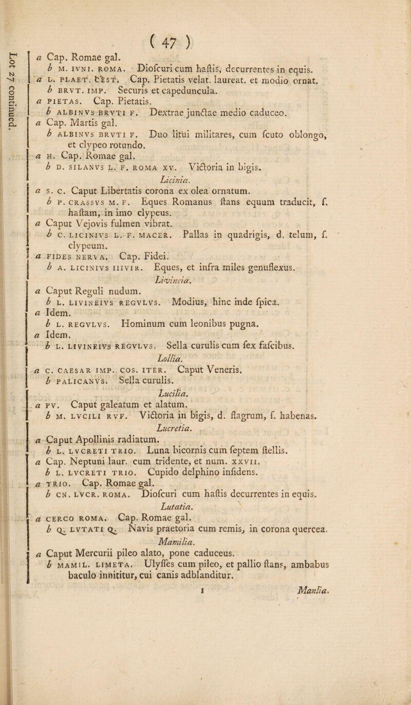 a Cap. Romae gal. b m. ivni. roma, Diofcuricum haflis, decurrentes in equis. a l. plaet. fc e st. Cap. Pietatis velat, laureat. et modio ornat. b brvt. imp. Securis et capeduncula. a pietas. Cap. Pietatis. b albinvs brvti f. Dextrae jundae medio caduceo. a Cap. Martis gal. b albinvs brvti f. Duo litui militares, cum fcuto oblongo, et clypeo rotundo. a h. Cap. Romae gal. b d. sil an v s l. f. roma xv. Vi&oria in bigis, Licinia. a s. c. Caput Libertatis corona ex olea ornatum. b p. crassvs m. f. Eques Romanus Itans equum traducit, f. haflam, in imo clypeus. a Caput Vejovis fulmen vibrat. b c. licinivs l. f. macer. Pallas in quadrigis, d. telum, f. clypeum. a fides nerva. Cap. Fidei. b a. licinivs iiivir. Eques, et infra miles genuflexus. Llvineia. a Caput Reguli nudum. b l. livineivs regvlvs. Modius, hinc inde fpica. a Idem. b l. regvlvs. Hominum cum leonibus pugna. a Idem. b l. livineivs regvlvs. Sella curulis cum fex fafcibus. Lollia. a c. caesar imp. cos. iter. Caput Veneris. b palicanvs. Sella curulis. Lucilia. a pv. Caput galeatum et alatum. b m. lvcili rvf. Vi&oria in bigis, d. flagrum, f. habenas, Lucretia. a Caput Apollinis radiatum. b l. lvcreti trio. Luna bicornis cum feptem ftellis. a Cap. Neptuni laur. cum tridente, et num. xxvn. b l. lvcreti trio. Cupido delphino infidens. a trio. Cap. Romae gal. b cn. lvcr. roma. Diofcuri cum haftis decurrentes in equis. A- Lutatia. a cerco roma. Cap. Romae gal. b lvtati Navis praetoria cum remis, in corona quercea. Mamilia. a Caput Mercurii pileo alato, pone caduceus. b mamil. limeta. Ulyfles cum pileo, et pallio flans, ambabus baculo innititur, cui canis adblanditur.