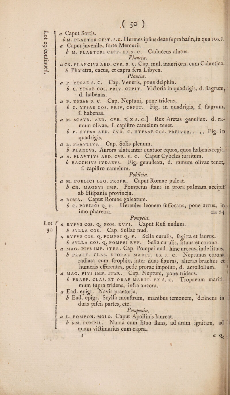 4 .( 5° ) Lot 30 a Caput Sortis. b m. plaetor cest. s.c. Hermes ipfius deaefuprabafin,in qua sors. a cn. plancivs aed. cvr. s. c. Cap. mul. inauriorn. cum Calantica. b Pharetra, cacus, et capra fera Libyca. Plautia. a p. ypsae s. c. Cap. Veneris, pone delphin. b c. ypsae cos. priv. cepit. Vidoria in quadrigis, d. flagruirq d. habenas. a p. ypsae s. c. Cap. Neptuni, pone tridens, b c. ypsae cos. priv, cepit. Fig. in quadrigis, f. flagrum, f. habenas. a m. scavr. aed. cvr. e[x s. c.] Rex Aretas genuflex. d. ra¬ mum olivae, f. capiflro camelum tenet. b P. HYPSA AED. CVR. C. HYPSAE COS. PREIVER.Fig. in quadrigis. a l. plavtivs. Cap. Solis plenum. b plancvs. Aurora alata inter quatuor equos, quos habenis regit. a a. plavtivs aed. cvr. s. c. Caput Cybeles turritum. b bacchivs ivdaevs. Fig. genuflexa, d. ramum olivae tenet, f. capiflro camelum. Poblicia. a m. poblici leg. propr. Caput Romae galeat. b cn. magnvs imp. Pompeius flans in prora palmam accipit ab Hifpania provincia. a roma. Caput Romae galeatum. b c. poblici f. Flercules leonem fuffocans, pone arcus, in imo pharetra. = 24 Pompeia. a rvfvs cos. pom. rvfi. Caput Rufi nudum. b svlla cos. Cap, Sullae nud. a rvfvs cos. pompei q. f. Sella curulis, fagitta et laurus. b svlla cos. q. pompei rvf. Sella curulis, lituus et corona. a mag. pivs imp. iter. Cap. Pompei nud. hinc urceus, inde lituus. b praef. clas. etorae marit. ex s. c. Neptunus corona radiata cum flrophio, inter duas figuras, alteras brachiis et humeris efferentes, pede prorae impofito, d. acroflolium. a mag. pivs imp. iter. Cap. Neptuni, pone tridens. b praef. clas. et orae marit. ex s. c. Tropaeum mariti¬ mum fupra tridens, infra ancora. a Ead. epigr. Navis praetoria. b Ead. epigr. Scylla monflrum, manibus temonem, definens in duas pifcis partes, etc. Pomponia. b nm. pompil. Numa cum lituo flans, ad aram ignitam, ad quam vi&imarius cum capra. 1 a Q. C