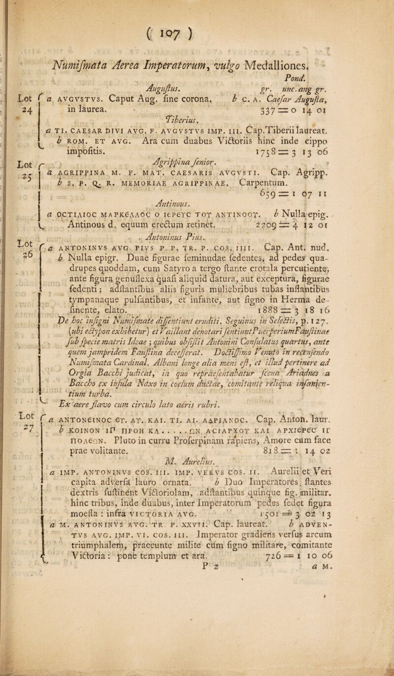 : ■' ^ -S Lot 24 Lot *5 Numifmata Aerea Imperatorum, Medalliones, Pond. gr. unc.ang gr. b c. a. Caefar Augufa, 337 — 0 14 Lot C r Lot 27 Auguftus. ' a avgvstvs. Caput Aug. fine corona, in laurea. ‘Tiberius, a ti. Caesar divi AVG. f. avgvstvs imp. in. Cap.Tiberiilaureat. b rom. et avg. Ara cum duabus Vidoriis hinc inde cippo impofitis. 1758—3 13 06 Agrippina fenior. a AGRIPPINA M. F. MAT, CAESARIS AVGVSTI. Cap. AgHpp. b s, p. r. memoriae agrippinae. Carpentum. 659 = 1 07 n Antinous. a OCTIAIOC MAPK6AA0C O ICPCTC TOT ANTINOQT. b Nulla epig. Antinous d. equum eredum retinet. 2209 = 4 12 01 . Antoninus Pius. C a antoninvs avq. Pivs p. p, tr. p. cos..mi. Cap. Ant. nud, b Nulla epigr. Duae figurae feminudae fedentes, ad pedes qua¬ drupes quoddam, cum Satyro a tergo flante crotala percudente, ante figura genudexa quafi aliquid datura, aut exceptura, figurae fedenti; adllantibiis aliis figuris muliebribus tubas inflantibus tympanaque pulfantibus, et infante, aut iigno in Herma de ¬ linente, elato. 1888 = 3 18 16 De hoc injlgni Numifmate diffentiunt eruditi. Seguinus in Se/eidis, p. 127. [ubi etlypon exhibetur) etVaiUant denotarifentiuntP uerperiumFauftinae Jub fpecie matris Ideae ; quibus obfijlit Antonini Confutatus quartus, ante quem jampridem Faujiina deceperat. D odi fimo Venui 0 in rec'enfendo Numifmata Cardinal. Albani longe alia mens e fi, et illud pertinere ad Org ia Bacchi judicat, in quo reprdefeniabatur fcena Ariadnes a Baccho ex infida Naxo in coelum dndtae, comitanU reliqua mfanien¬ tium turba. S' 1 Ex aere favo cum circulo lato aeris rubri. * y ■- - * r —. * f* a antonOinoc er. at. kai. ti. ai. aapianoc. Cap. Anton. laur. b KOINON iP nPOH KA.o,N ACIAPX0T K AI A PXiePGC' IF noAeoN. Pluto in curru Proferpinam rapiens, Amore cum face prae volitante. 813 = : 1402 M. Aurelius. a imp. antoninvs cos. m. imp. vervs cos. ii. Aurelii ?et Veri capita ad\rerfa lauro ornata. b Duo. Imperatores, .flantes dextris fuflineht Vidoriolam, adflantibus quinque fig. anilitar, hinc tribus, inde duabus, inter Imperatorum pedes fedet figura moella : infra victori a avg. 1501 == 3 02 13 a m. antoninvs avg. tr. p. xxvi 1. Cap. laureat. b adven- tvs avg. imp. vi. cos. m. Imperator gradieris verfus arcum triumphalem, praecunte milite cum figno militare, comitante Vidoria: ponb templum et ara. 726=1 1006 P 2 ' 'V ’ a Me C 9