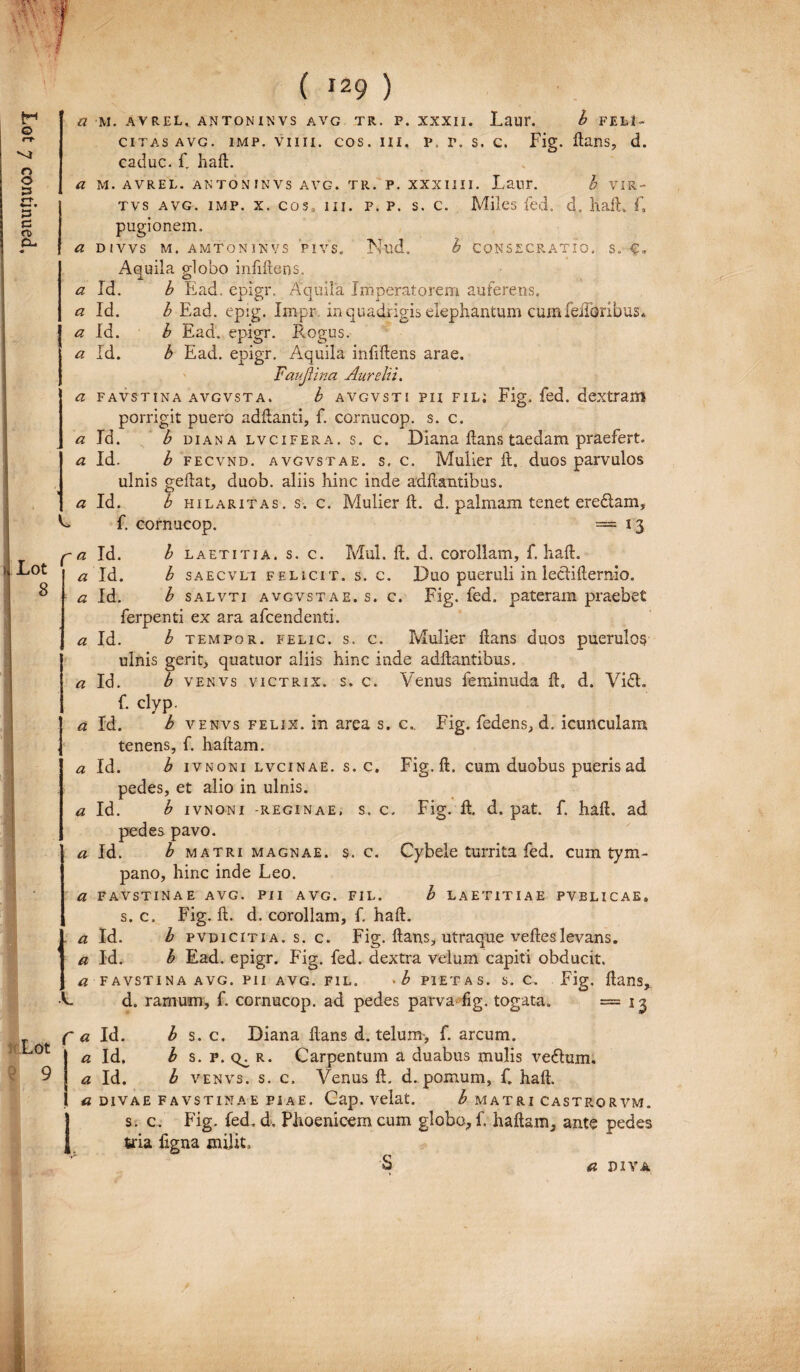 , 'l a M. AVREL, ANTONINVS AVG TR. P. XXXII. LaUl% £ FELI¬ CITAS AVG. imp. vim. cos. iii, p, p. s. c. Fig. flans, d. pugionem. a DIVVS M. AMTON1NVS PIVS. Nud. h CONSECRATIO, S. C, Aquila globo infiftens. a Id. b Ead. epigr. Aquila Imperatorem auferens. a Id. b Ead. epig. Impr in quadrigis elephantum cum feiioribus» a Id. b Ead» epigr. Rogus. a Id. b Ead. epigr. Aquila infiftens arae. Faujiina Aurelii. a favstina avgvsta. b avgvsti pii FiLi Fig. fed. dextram porrigit puero adftanti, f. cornucop. s. c. a Id. b diana lvcifera. s. c. Diana ftans taedam praefert. a Id. b fecvnd. avgvstae. s, c. Mulier ft. duos parvulos ulnis geftat, duob. aliis hinc inde adftantibus. « Id. b hilaritas, s. c. Mulier ft. d. palmam tenet eredlam, C f. cornucop. — 13 a Id. b laetitia, s. c. Mul. ft. d. corollam, f. haft. a Id. b saecvli felic.it. s. c. Duo pueruli in ledifternio. a Id. b salvti avgvstae. s. c. Fig. fed. pateram praebet ferpenti ex ara afcendenti. « Id. b tempor. felic. s. c. Mulier ftans duos puerulos ulnis gerit, quatuor aliis hinc inde adftantibus. a Id. b venvs victrix, s. c. Venus feminuda ft. d. Vi£L f. clyp. a Id. b venvs felix, in area s. c.. Fig. fedens, d. icunculam tenens, f. haftam. a Id. b ivnoni lvcinae. s. c. Fig. ft. cum duobus pueris ad pedes, et alio in ulnis. « Id. b ivnoni -reginae, s. c. Fig. ft. d. pat. f. haft, ad pedes pavo. a Id. b matri magnae, s. c. Cybele turrita fed. cum tym¬ pano, hinc inde Leo. a favstinae avg. pii avg. fil. b laetitiae pvblicae. s. c. Fig. ft. d. corollam, f. haft. a Id. b pvdicitia. s. c. Fig. ftans, utraque vefteslevans. a Id. b Ead. epigr. Fig. fed. dextra velum capiti obducit, « favstina avg. pii avg. fil. • b pietas, s. c. Fig. ftans, V d» ramum, f. cornucop. ad pedes parva fig. togata. = 13 Lot 8 Lot I 9 f a Id. b s. c. Diana ftans d. telum-, f. arcum. «Id, b s. p. R. Carpentum a duabus mulis vefftim. « Id. b venvs. s. c. Venus ft. d. pomum, fi haft. 1 « DIVAE FAVSTINA E PIAE. Cap. Velat. b MATRI CASTE.ORVM. Is. c. Fig. fed, d, Phoenicem cum globo, fi haftam, ante pedes tria figna milit, S a m y a.