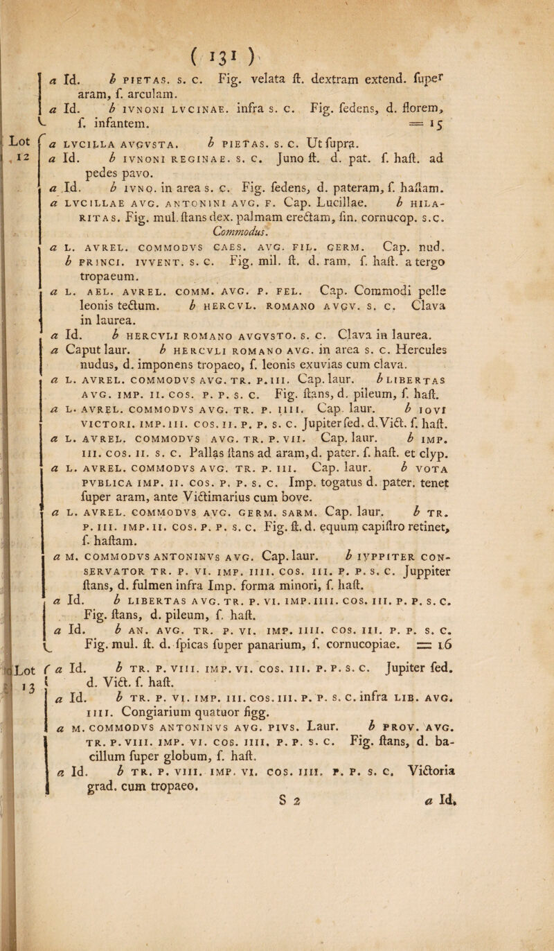 . \ ( I3I ) « ia. i pi et ai5. s. c. Fig. velata fl. dextram extend. fuper aram, f. arculam. a Id. b ivnoni lvcinae. infra s. c. Fig. fedens, d. florem, C f. infantem. = 15 a LVC1LLA AVGVSTA. b PIETAS. S. C. Ut fupra. a Id. b ivnoni reginae, s. c. Juno fl. d. pat. f, hafl. ad pedes pavo. a Id. b ivNo. in area s. c. Fig. fedens, d. pateram, f. haflam. a L VC ILLAE AVG. ANTONINI AVG. F. Cap. Luciliae. b HILA¬ RITAS. Fig. mul.flans dex. palmam eredtam, fm. cornucop. s.c. Commodus. a L. AVREL. COMMODVS CAES. AVG. FIL. GERM. Cap. nud. b princi. ivvent. s. c. Fig. mil. fl. d. ram. f. haffc. a tergo tropaeum. a L. AEL. AVREL. COMM. AVG. P. FEL. Cap. Commodi pelle leonis tedum. b hercvl. romano avgv. s. c. Clava in laurea. a Id. b hercvli romano avgvsto. s. c. Clava in laurea. a Caputlaur. b hercvli romano avg. in area s. c. Hercules nudus, d. imponens tropaeo, f. leonis exuvias cum clava. a L. avrel. commodvs avg. tr. p. in. Cap. laur. ^libertas avg. imp. 11. cos. p. p. s. c. Fig. flans, d. pileum, f. hafl. a l. avrel. commodvs avg. tr. p. i 1 i i . Cap. laur. b iovi victori, imp. 111. cos. 11. p. p. s. c. Jupiterfed. d.Vicl. f. hafl. a L. avrel. commodvs avg. tr. p. vn. Cap. laur. b IMP. iii. cos. 11. s. c. Pallas flans ad aram,d. pater, f. hafl. et clyp. a l. avrel. commodvs avg. tr. p. iii. Cap. laur. b vota pvblica imp. ii. cos. p. p. s. c. Imp. togatus d. pater, tenet fuper aram, ante Victimarius cum bove. a L. AVREL. COMMODVS AVG. GERM. SARM. Cap. laur. b TR. p. iii. imp. ii. cos. p. p. s. c. Fig. £L d. equum capiflro retinet, f. haflam. a M. COMMODVS ANTONINVS AVG. Cap. laur. b lyPPITER CON¬ SERVATOR tr. p. vi. imp. iii 1. cos. iii. p. p. s. c, Juppiter flans, d. fulmen infra Imp. forma minori, f. hafl. a Id. b libertas avg.tr. p. vi. imp. iii i. cos. iii. p. p. s. c. Fig. flans, d. pileum, f. hafl. a Id. b an. avg. tr. p. vi. imp. iiii. cos. iii. p. p. s. c. Fig. mul. fl. d. fpicas fuper panarium, f. cornucopiae. ~ l6 (a Id. b tr. p. viii. imp. vi. cos. iii. p. p. s. c. Jupiter fed. { d. Vift. f. hafl. a Id. b tr. p. vi. imp. iii. cos. iii. p. p. s. c. infra lib. avg. iiii. Congiarium quatuor figg. a m. commodvs antonin vs avg. pivs. Laur. b PROV. AVG. tr. p. viii. imp. vi. cos. iiii, p. p. s. c. Fig. flans, d. ba¬ cillum fuper globum, f. hafl. a Id. b tr. p. viii. imp. vi, cos. mi. p. p. s. c. Vi&oria grad. cum tropaeo. S 2 a Id,