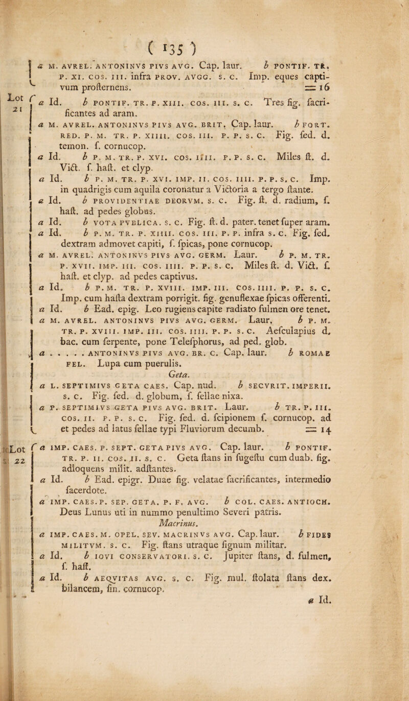 Lot 2 I I Lot 22 ( *35 ) C r a Tres iig. facri- a a a a & a a a J a a L a L C a a a a a a M. AVREL. ANTONINVS PIVS AVG. Cap. laur. b PONTIF. Tfc. p. xi. cos. m. infra prov. avgg. s. c. Imp. eques capti¬ vum profternens. — 16 Id. b PONTIF. TR. P. XIII. COS. III. S. C. ficantes ad aram. M. AVREL. ANTONINVS PIVS AVG. BRIT. Cap. laur. b FORT» RED. P. M. TR. P. XIIIl. COS. III. P. P. S. C. Fig. fed. d. temon. f. cornucop. Id. b p. M. TR. P. XVI. COS. IxII. P. P. s. c. Miles d. d. Vidi. f. had. et clyp. Id. b p. m. tr. p. xvi. imp. ii. cos. mi. p. p. s. c. Imp. in quadrigis cum aquila coronatur a Vi&oria a tergo liante. Id. b providentiae deorvm. s. c. Fig. 11. d. radium, f. halt. ad pedes globus. Id. b vota pvelica. s. c. Fig. 11. d. pater, tenet fuper aram. Id. b p. m. tr. p. xim. cos. m. p. p. infra s. c. Fig. fed» dextram admovet capiti, f. fpicas, pone cornucop. M. AVREL. ANTONINVS PIVS AVG. GERM. Laur. b P. M. TR. p. xvii. imp. iii. cos. mi. p. p. s. c. Milesii, d. Vid. C had. et clyp. ad pedes captivus. Id. b P. M. TR. P. XVIII. IMP. III. COS. IUI. P. P. S. C. Imp. cum hada dextram porrigit, fig. genuflexae fpicas offerenti. Id. b Ead. epig. Leo rugiens capite radiato fulmen ore tenet. M. AVREL. ANTONINVS PIVS AVG. GERM. Laur, b P. M, tr. p. xviii. imp. iii. cos. mi. p. p. s.c. Aefculapius d. bac. cum ferpente, pone Telefphorus, ad ped. glob. . . . . . ANTONINVS PIVS AVG. BR. C. Cap. laur. b ROMAE fel. Lupa cum puerulis. Geta. septimivs geta caes. Cap. nud. b secvrit. imperii. s. c. Fig. fed. d. globum, f. fellae nixa. P. SEPTIMIVS GETA PIVS AVG. BRIT. Laur. b TR. P. III. cos. ii. p. p. s. c. Fig. fed. d. fcipionem f. cornucop. ad et pedes ad latus fellae typi Fluviorum decumb. = 14 IMP. CAES. P. SEPT. GETA PIVS AVG. Cap. laiir. b PONTIF. tr. p. ii. cos. 41. s. c. Geta dans in fugedu cumduab. fig. adioquens milit. addantes. Id. b Ead. epigr. Duae lig. velatae facrilicantes, intermedio facerdote. IMP. CAES.P. SEP. GETA. P. F, AVG. b COL, CAES. ANTIGCH. Deus Lunus uti in nummo penultimo Severi patris. Macrinus. IMP. CAES. M „ OPEL. SEV. MACRIN VS AVG. Cap. laur. b FIDES militvm. s. c. Fig. dans utraque fignum militar. Id. b iovi conservatori, s. c. Jupiter dans, d. fulmen, f. had. Id. b aeqvitas avg. 3. c. Fig. mul. dolata dans dex. foilancem, fin. cornucop,