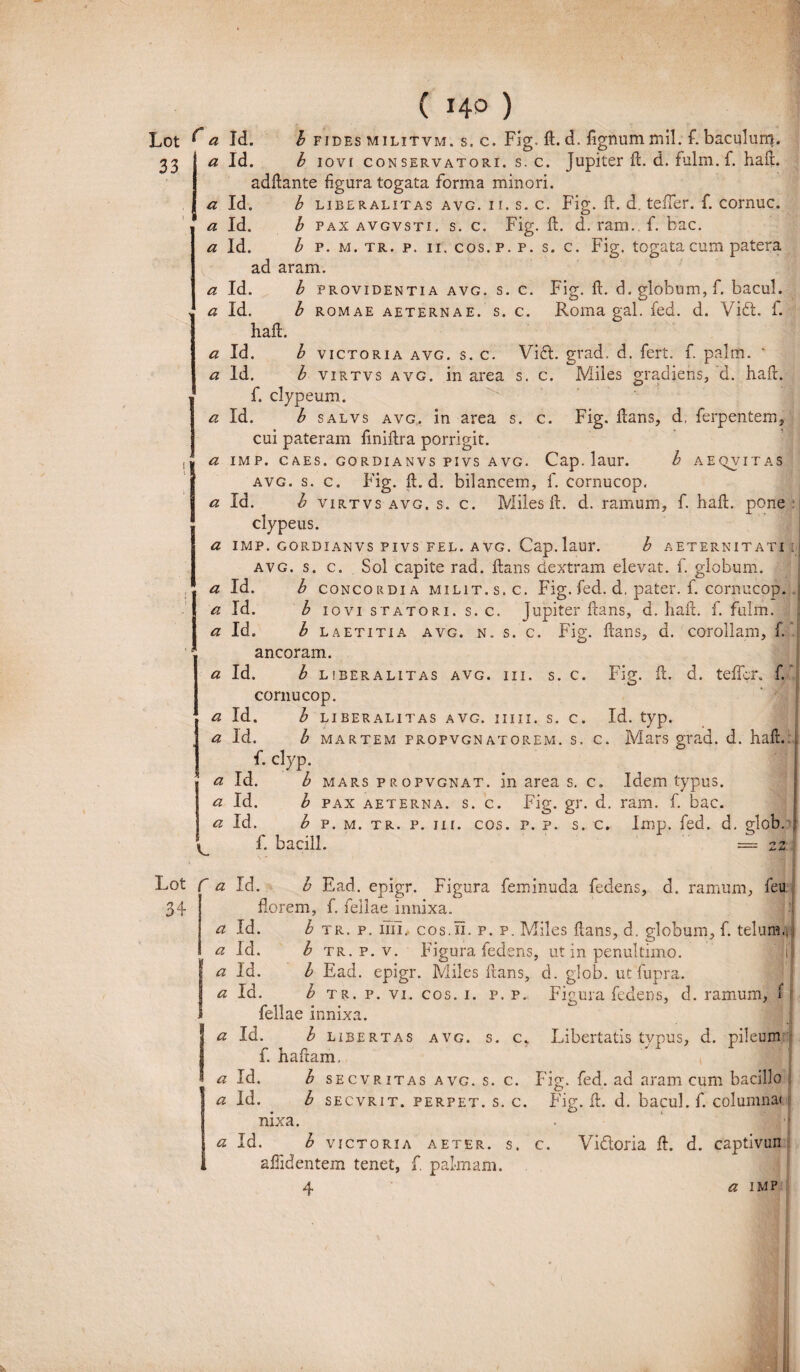 Lot ^ a Id. h fides militvm. s. c. Fig. A. d. lignum mil. f. baculum. 33 a Id. b iov[ conservatori, s. c. Jupiter A. d. fulm. f. haA. adAante figura togata forma minori. a Id. b liberalitas avg. ii. s. c. Fig. A. d. tefier. f. cornuc. a Id. b pax avgvsti. s. c. Fig. A. d. ram. f. bac. a Id. b p. m. tr. p. ii. cos. p. p. s. c. Fig. togata cum patera ad aram. a Id. b providentia avg. s. c. Fig. fi. d. globum, f. bacul. a Id. b romae aeternae, s. c. Roma gal. fed. d. Vidi. f. haA. a Id. b victoria avg. s. c. Vidi. grad. d. fert. f. palm. v a Id. b vi rtvs avg. in area s. c. Miies gradiens, d. haA. f. clypeum. a Id. b s alvs avg. in area s. c. Fig. lians, d, ferpentem, cui pateram finiAra porrigit. , a imp. caes. gordianvs pivs avg. Cap. laur. b aeqvitas 5 avg. s. c. Fig. 11. d. bilancem, f. eornucop. a Id. b virtvs avg. s. c. Miles A. d. ramum, f. haA. pone clypeus. a imp. gordianvs pivs fel. avg. Cap. laur. b aeternitati i avg. s. c. Sol capite rad. lians dextram elevat, f. globum. a Id. b concordia milit.s.c. Fig. fed. d. pater, f. eornucop. a Id. b iovi statori, s. c. Jupiter dans, d. hafL f. fulm. a Id. b L A etitia avg. n. s. c. Fig. Aans, d. corollam, f. ancoram. a Id. b liberalitas avg. iii. s. c. Fig. d. d. tefler. f/ O eornucop. ^ Id. b liberalitas avg. iiiii. s. c. Id. typ. a Id. b martem propvgn atorem. s. c. Mars grad. d. haft.. f. clyp. « Id. b mars propvgnat. in area s. c. Idem typus. a Id. b pax aeterna, s. c. Fig. gr. d. ram. f. bac. a Id. b p. m. tr. p. iii. cos. p. p. s. c. Imp. fed. d. glob. f. bacill. Lot C a Id. b Ead. epigr. Figura feminuda fedens, d. ramum, feu 34- florem, f. feilae innixa. a Id. b tr.p. im. cos. ii. p. p. Miles flans, d. globum, f. telum.,j a Id. b tr. p. v. Figura fedens, ut in penultimo. \l a Id. b Ead. epigr. Miles flans, d. glob. utfupra. a Id. b tr. p. vi. cos. i. p. p. Figura fedens, d. ramum, f feilae innixa. Id. b libertas avg. s. c. Libertatis typus, d. pileum a f. b altam. a Id. b secvritas avg. s. c. Fig. fed. ad aram cum bacillo * Id. b secvrit. perpet. s. c. Fig. A. d. bacul. f. columna» nixa. o. Id. b victoria aeter. s. c. Vidloria A. d. captivun allidentem tenet, f. palmam. 4 a imp
