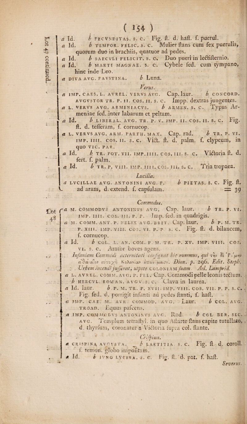 a Id. b tempor. felic. s. c. Mulier dans cum fex puerulis, hinc inde Leo. a diva avg. favstina. h Luna. Verus. a imp. caes.l. avrel. vervs Avg. Cap. laur. b concord. avgvstor tr. p. ii. cos. ii. s. c. Impp. dextras jungentes. a l. Vervs avg. armeniacvs. b armen. s. c. Typus Ar¬ meniae fed. inter labarum et peltam. a Id. b liberal. avg. tr. p. v. imp. ii. cos. ii. s. c. Fig. 11. d. tefferam, f cornucop. a L. VERVS AVG. ARM. PARTH.MAX. Cap. rad. b TR. P. VI. imp. iiii. cos. ii. s. c. Viut. d. d. palm. f. clypeum, in quo vi c. PAR. a Id. b tr. fot.vii. imp. iiii. cos. iii. s. c. Vidloria d. d. fert. f. palm. a Id. b tr. p. viii. imp. iiii. cos. iii. s. c. Tria tropaea. Lucilia. a lvcillae avg. antonini avg. f. b pietas, s. c. Fig. d. V_ ad aram, d. extend. f. capfulam. = 39 Tot 4s Commodus. fa m. commodvs antoninvs avg. Cap. laur. b tr. p. vi. imp. iiii. cos. iii. p. p. Imp. fed. in quadrigis. a M. COMM. ANT.P. FELIX AVG.BRIT. Cap. laur. b P. M. TR. p. xiii. imp. viii. cos. vi. p. p s. c. Fig. d. d. bilancem, f. cornucop. a Id. b COL. L. AN. COM. P. M. TR. p. XV. IMP. viii. cos. vi. s. c. Arator boves agens. Infamam Commodi actemutati ccvj;cnat hic nummus, qui Tv)v ol P yby\'J clBcc-.ctlov Evrvyri Ka\a)Koa> eir&v-u-aci. Dion. p. 296. Edit. Steph. ,e ; Urbem Jacendi j 11 ferat, utpcts coloniam fu.a?n. Ael. Lamprid. a l. avrel. comm.avgj p. fel. Cap, Commodi pelle leonis tedlum. b hercvl. roman. avg v. s. c. Clava in laurea. a Ici. laur. b p. m. tr. p. xvji. imp. viii. cos. vii. p. p. s. c. ( Fig. fed. d. porrigit infanti ad pedes danti, f. had. ■a imp. cae. m. avk. commod. avg. Laur. b col. avg. troad. Equus pafcens. a imp. c0.MM2DE.vs antoninvs avg. Rad. b col eer. sec. avg. Templum tefradyl. in quo Aftarte dans capite tutullato, d. thyrfum, coronatura Yidtoria fupra col. dante. - ‘ * Crifpina. « CR1SPINA A V G V S T A . b LAETITIA. S. C. Fi?, d. d. COrolL ... . ■ O 1. temon. globo impofitam. *- Id. b ivno l v e i n A. s. c. Fig. d.'d. pat. f. had. Severus.