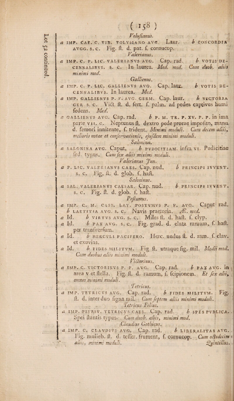 b CONCORPIA b VOTTSDE- b VOTIS DE- b VICTORIA Vo Iu fi anus. a IMF. CAE. C. VIB. TOLVSIA NO AVg. LaUT. avgg. s.c, Fig. ft. d. pat. f. cornucop. Valerianus. a imp. c. p. lic. vAlerianvs avg. Capi rad, x cennalibvs. Sj. c. In laurea. Med. mod. Cum duoh. altis minimi mod, Gallienus. a IMF. C. P. LLC. GALLIENVS AVO. Cap. laUT. cennalibvs. In laurea. Med. a IMP. GALLIENVS P. F. AVG. GERM. Cap. laur. ger. s.c. Vivi, it. d. fert. f. palm, ad pedes captivus humi fedens. Med. ■a gallienvs avg. Cap. rad. b p. m. tr. p. xv. p. p. in ima parte, vn. c. Neptunus it. dextro pede prorae impofito, manu d. femori innltente, f. trident, Minimi moduli. Cum decem aUus melioris notae et confernjationis, ejufdem minimi moduli. Saloni na. a salonina avg. Caput. b pvdicitiam. infra vi. Pudicitiae fed. typus. Cum fex aliis minimi moduli. Valerianus Juti. a p. lic. valeR 'anvs caes. Cap. nuds s. c. Fig. fi. d. gloh. f. hait. Saloninus. a sal. valeri anvs caesar. Cap. nud. s. c. Fig. fi. d. glob. f. hait. Poflumus. a imp. c. m. cass. lat. postvevs p, f. avg. Caput rad. b laetitia avg. s, c. Mavis praetoyia. JE. med. h PRINCIPI IYVENT. PRINCIPI IWEKT. V VIRTVS AVG. S. C. Miles it. d. hait. f. clyp. Fiff. grad. d. elata, ramum* f- hait. O <£> a Id. a id. b pax avg. s. c. per tranfverfum. a Id. b hercvli pacifero. Here, nudus it. d. nam. f. clav. et exuvias. a Id. b files militvm. Fig it. utraquefig.mil. Medii mod Cum duobus aliis minimi ;moduli. Viclorinus. a IMP.-C. victor in vs p. f. avg. Cap. rad. b pax avg. in . area v et ftella. Fig. it. d. ramum, f. fcipionem. Et fex alii> , omnes minimi moduli. Tetricus. a zmf. tetricvs avg. Cap. rad. b fides militvm. Fig. it. d. inter duo figna mil. Cum feptem aliis minimi moduli. Tetricus Filius. a imp. pi.vesv. tetricvs caes. Cap. rad. b SPES P-VBLICA. Spei itantis 'typus. Cum duoh. aliis, minimi mod. Claudius Gothicus. a imp. c. clavdivs avg. Cap. rad. b lieeralitas avg. Fig. mulieb. ft. d/ tefler. frument, f. cornucop. Cum oBodecim alus, minimi mcduli. Quintilius,