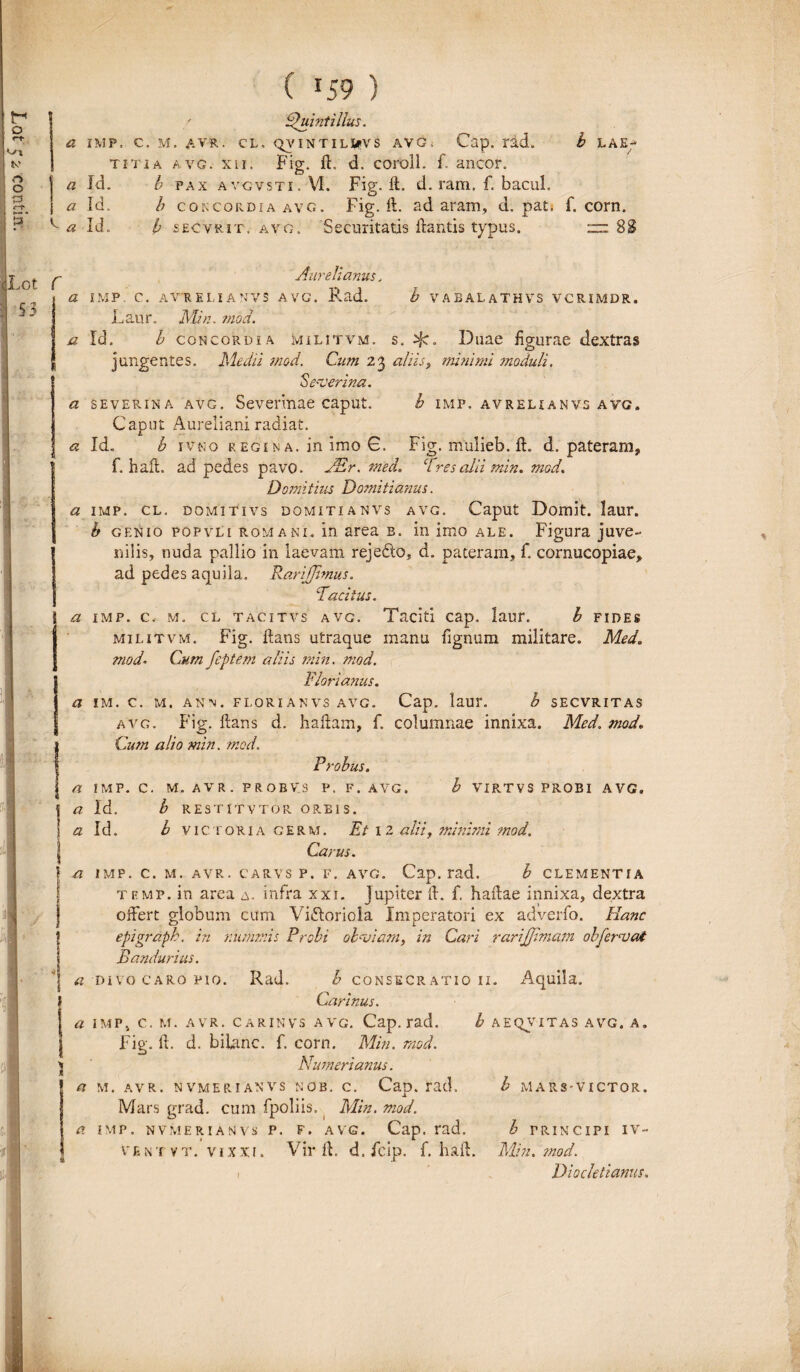 o Quintilius. a IMP, C. M. AVR. CL. QVINTILIfVS AVG; Cap. lld. b LAE¬ TITIA avg. xii. Fig. ft„ d. coroll. f. aneor. a Id, b SECVRIT. avo. Securitatis ftantis typus. 8g ,ot 53 r Aurelianus. a IMP. C. A V'R ELIA N V S AVG. Rad. b VABALATHVS VCRIMDK. Laur. Min. mod. a Id. b concordia militvm. s. . Duae figurae dextras jungentes. Medii mod. Cum 23 aliis 9 minimi moduli. Se ver i na. a severina avg. Severinae caput. b imp. avrelianvs avg. Caput Aureliani radiat. a Id. b 1VN0 r egi n a. in imo 6. Fig. mulieb. ft. d. pateram, f. haft. ad pedes pavo. JEr. med. Tres alii min. mod. Domitius Domitianus. a imp. cl. domitivs domitianvs avg. Caput Domit. laur. b genio popvli romani. In area b. in imo ale. Figura juve¬ nilis, nuda pallio in laevam reje&o, d. pateram, C cornucopiae, ad pedes aquila. RariJJimus. Tacitus. S a imp. c. m. cl tac 1 tvs avg. Taciti cap. laur. h fides militvm. Fig. ftans utraque manu fignum militare. Med. mod. Cum feptem aliis min. mod. Florianus. a IM. C. M. ANN. FLORI A N VS AVG. Cap. laUl*. b SECVRITAS avg. Fig. ftans d. haftam, f. columnae innixa. Med. mod. Cum alio min. mod. Probus. a IMP. C. M. A V R . PROBVS P. F. AVG. b VIRTVS PROBI AVG. a Id. b RESTITVTOR ORBIS. a Id. b victoria cerm. Et 12 alii, minimi mod. Carus. a imp. c. m. a v r . carvs p. f. avg. Cap. rad. b CLEMENTIA temp. in area a. infra xxi. Jupiter ft. f. haftae innixa, dextra offert globum cum Victoriola Imperatori ex adverfo. Hanc j epigraph. in nummis Probi obviam, in Cari rarijjlmam obfervat Bandurius. a divo caro pio. Rad. b consecratio n. Aquila. | Carinus. a imp, c. m. avr. carinvs avg. Cap. rad. b aeqvitas avg. a. Fig. ft. d. bilanc. f. corn. Min. mod. Numeri anus. a m. avr. nvmerianvs nob. c. Cap. rad. Mars grad. cum fpoliis. Min. mod. a imp. nvmerianvs p. f. avg. Cap. rad. ventvt. vixxi. Vir ft. d. fcip. f. haft. Min. mod. i Diocletianus. b MARS-VICTOR. b TRINCIPI IV-