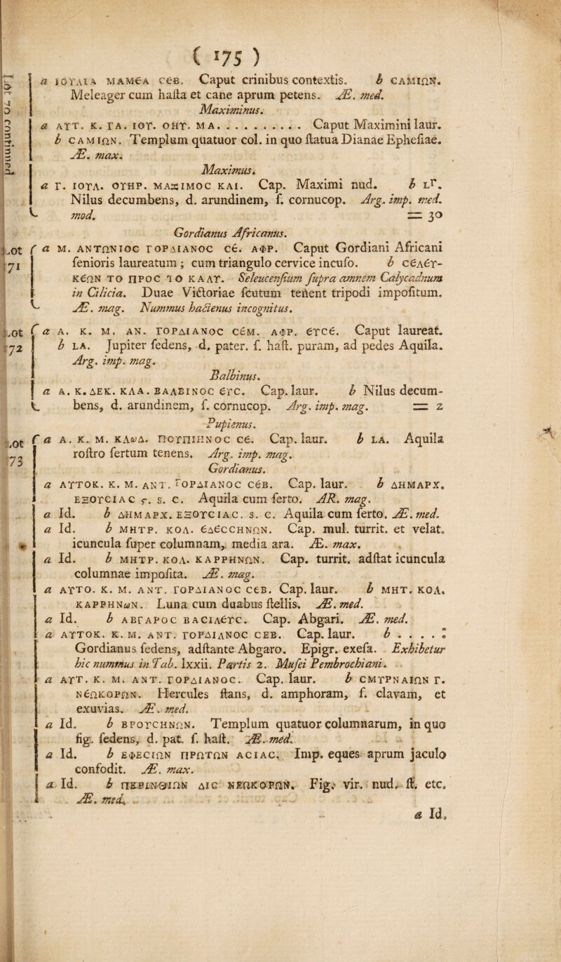 pjuuuuuj ua LOt 7l LGt 72 r iOt 73 Meleager cum haila et cane aprum petens. JE. med. Maximinus. b c am mN. Templum quatuor coi. in quo llatua Dianae Ephefiae. AE. max. Maximus. a r. iota. othp. MAaiMOc kai. Cap. Maximi nud. b Lr. Nilus decumbens, d. arundinem, f. cornucop. Arg.imp. med. C mod. zz. 30 Gordianus Africanus. f a m. anthnioc topaianoc ce. a<i>p. Caput Gordiani Africani fenioris laureatum ; cum triangulo cervice incufo. b c6a6t~ k€.qN to npoc to k a AT. Seleucenjium fupra amnem Calycadnum in Cilicia. Duae Vi&oriae fcutum tenent tripodi impolitum. AB. mag. Nummus hactenus incognitus, a a. k. m. an. topaianoc c6m. a<$p. CTce. Caput laureat. b la. Jupiter fedens, d. pater, f. haft. puram, ad pedes Aquila. Arg. imp. mag. B albinus. a. k. aek. kaa. baabinoc ere. Cap. laur. b Nilus decum¬ bens, d. arundinem, f. cornucop. Arg. imp. mag. zz z Pupienus. a. k. m. ka^a. ncrniHNoc ce. Cap. laur. b la. Aquila rollro fertum tenens. Arg., imp. mag. Gordianus. attok. k, m. ant. Topaianoc c6b. Cap. laur. ^ ahmapx, ehoyciac 5-. s. c. Aquila cum ferto. AR. mag. Id. b ahmapx. ehotciac. s. c. Aquila cum ferto. AE.med. Id. b mhtp. koa. 6a6cchnt2N. Cap. mul. turrit. et velat. icuncula fuper columnam,, media ara. JE. max. Id. b mhtp. koa. k a pfhnhn . Cap. turrit. adflat icuncula columnae impofita. AE. mag. ayto. k. m. ant. topaianoc ccb. Cap. laur. b mht. koa. kapphnwn. Luna cum duabus flellis, AE.med. Id. b abtapoc bacia6tc. Cap. Abgari. AB. med. attok. k. m. ant. topaianoc ceb. Cap. laur. b ... .Z Gordianus ledens, adftante Abgaro. Epigr. exefa. Exhibetur hic nummus in E ab. lxxii. Partis 2. Mufei Pembrochiani. att. k. m. ant. topaianoc. Cap. laur. b cmypnai^n r. NeaxoPHN. Hercules flans, d. amphoram, f. clavam, et exuvias. AB. med. Id. b bpotchnhn. Templum quatuor columnarum, in quo hg. fedens, d. pat. f. haft. AE.med.. a Id. b £«j>EcmN riPamN aciac, Imp, eques aprum jaculo confodit. AE. max. a Id. b riEPiN-Qi.TN aig neukophn. Fig.' vir. nud, 11. etc. AE. mecL, . a Ida a C a a a a a a a a a a C