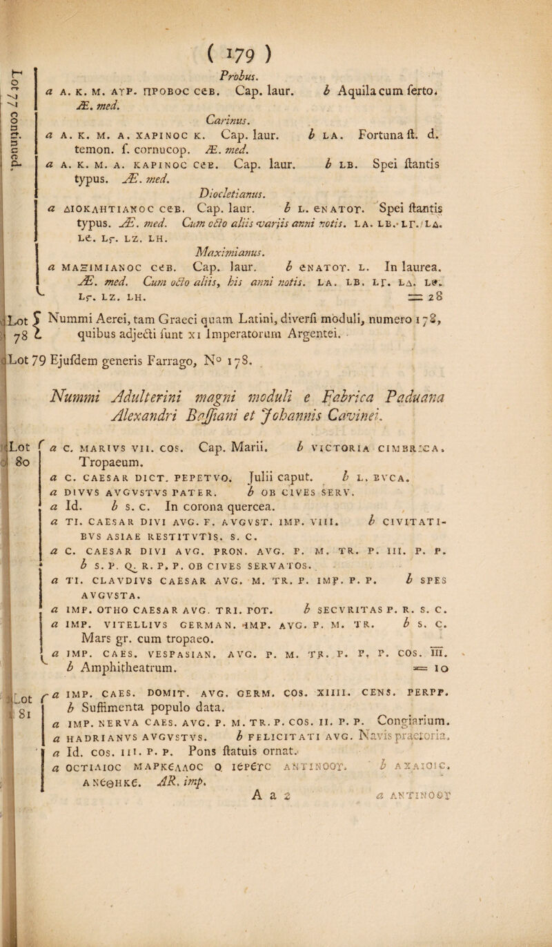 h< o r~t ■m Q o i a : r?. i a ! C « i CL £ Aquila cum ferto* £ la. Fortuna ft. d, b lb. Spei liantis V. ! ( '79 ) Probus. a a. k. m. atp. riPOBoc ceB. Cap. laur. JE. med. Carinus. a a. k. m. a. xapinoc k. Cap. laur. temon. f. cornucop. JE. med. a a. k. m. a. kapinoc ceE. Cap. laur, typus. JE. med. Diocletianus. a aiokahtianoc ces. Cap. laur. b l. cnatot. Spei flantis typus. JE.med. Cu?n cflo aliis <variis anni notis. la. lb.* lt. La. L£. Lf. LZ. LH. Maximianus. a macImianoc ce b. Cap. ]aur. b cnatot. l. In laurea. JE. med. Cum odo aliisy bis anni notis, la. lb. lr. la. l@v Lr. lz. lh. 28 Nummi Aerei, tam Graeci quam Latini, diverfl moduli, numero 178, quibus adjecli funt xi Imperatorum Argentei. • Lot 78 iLot 79 Ejufdem generis Farrago, N° 178. . Nummi Adulterini magni moduli e Fabrica Paduana Alexandri Bajfiani et Jobannis Cdvinei. a c. marivs vii. cos. Cap. Marii. b victoria cimbr:ca» Tropaeum. a C. CAESAR DICT. PEPETVO. Julii Caput. b L. BVCA. a D1VVS AVGVSTVS TATER. b OB CIVES SERV. a Id. b s. c. In corona quercea. a TI. CAESAR DIVI AVG.F. AVGVST. IMF. VIII. b CI VITAT I- BVS ASIAE RESTITVTIS. S. C. a C. CAESAR DIVI AVG. PRON. AVG. P. M. TR. P. III. P. P, 1» b S. P. CL R. P„ P. OB CIVES SERVATOS. a TI. CLAVDIVS CAESAR AVG. M. TR. P. IMf. P. P. b SPES AVGVSTA. a IMP. OTHO CAESAR AVG. TRI. TOT. b SECVRITAS P. R. S. C. a IMP. VITELLIVS CERMAN. TMP. AVG. P. M. TR. b S. C. Mars gr. cum tropaeo. a IMP. CAES. VESPASIAN. AVG. P, M. TR. F. P. P. COS. III. b Amphitheatrum. = 10 3 Lot Si fa IMP. CAES. DOMIT. AVG. GERM. COS. XIIII. CENS. PERPP. 1 b Suffimenta populo data. a imp. nerva caes. avg. p. m. tr. p. cos. ii. p. p. Congiarium. a hadrianvs avgvstvs. b felicitati avg. Navis praetoria, a Id. cos. m. p. p. Pons ftatuis ornat. a octiaioc mapkcaaoc o. ieperc aNtinoot, b axaioic, ANCQHKe. JR, imp, A a 2 a AN TlN0 ©r