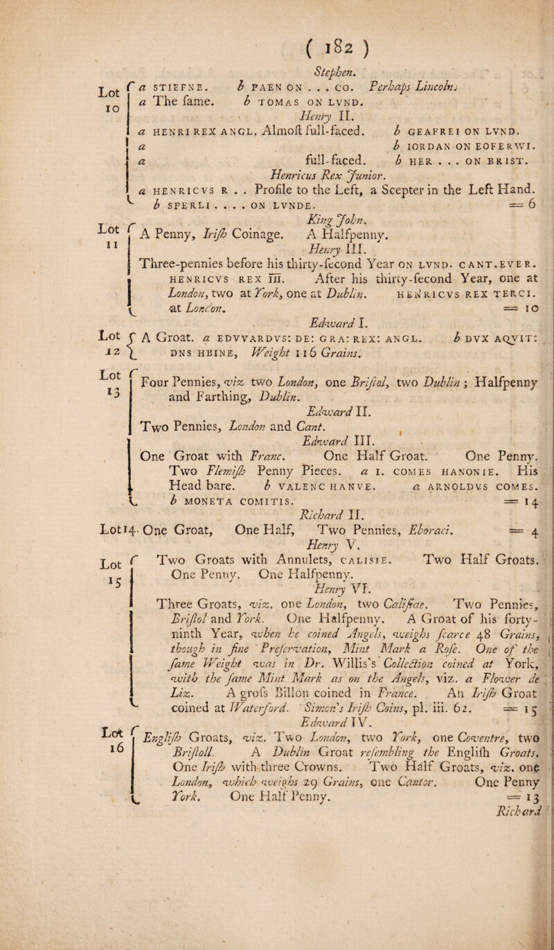 Lot IO fa STIEFNE. a The fame. k Lot C Stephen. b paen on . . . co. Perhaps Lincoln. b TOMAS ON LVND. Henry II. a HENRI REX ANGL. Almoh full-faced. b GEA F REI ON LVND, a b IORDAN ON EOFERWI. a full-faced. b her . . . on erist. Henricus Rex Junior. a henricvs r . . Profile to the Left, a Scepterin the Left Hand. b SFERLI . . . . ON LVNDE. — 6 King John. A Penny, Irijh Coinage. A. Halfpenny. 11 I Henry III. I Three-pennies before his thirty-fecond Year on evnd. cant.ever. 1 henricvs rex m. After his thirty-fecond Year, one at London, two at York, one at Dublin. henricvs rex terci. y -at London. — i G Edzvard I. Lot p A Groat. a edvvardvs: de: grat rex: angl. b dvx ac^vit: 12 \ DNSHBINE, Weight 11 6 Grains. Four Pennies, m tv/o London, one Brlfiol, two Dublin ; Halfpenny and Farthing,, Dublin. Edzvard II. Two Pennies, London and Cz»/. Edzvard III. One Groat with Franc. One Half Groat. One Penny. Two Flemijb Penny Pieces. a i. comes hanonie. Flis Head bare. b valenc hanve. a. arnoldvs comes. L b moneta comitis. = 14 Richard II. Lot 14. One Groat, One Half, Two Pennies, Eboraci. == 4 Henry V, Two Groats with Annulets, calisie. Two Half Groats. One. Penny. One Halfpenny. Henry VI. Three Groats, zeiz. one London, two Califiae. Two Pennies, Brijlol and York. One Halfpenny. A Groat of his forty- ninth Year, zvhen he coined Ange Is, zveighs fcarce 48 Grains, thongh in fine Preferzjation, Mint Mark a Rofe. One of the fame Weight zvas in Dr. Wiilis’s Colle dii on coined at York, with the fame Mint Mark as on the Ange Is, viz. a Flozver de Liz. A grofs Billon coined in France. An Irijh Groat coined at Waterford. Simcns Irijh Cohis, pl. iii. 62. = 1 4 ^ Edzvard IV. Englijh Groats, viz. Two London, two York, one Cozsentre, two Brifioll. A Dublin Groat refembling the Englifh Groats. One Irijh with three Crowns. Two Half Groats, zjiz. one London, zvhich zveighs 29 Grains, one Cantor. One Penny ^ York. One Half Penny. — 13 Richard L 16