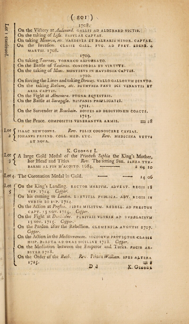 I» o o O 3 /-*■ *—* • t3 G n> O- I 7CB. / On the Viftory at.Aud&nard. gallis ad aldenard victis. On the taking of Lijle. insvlae cattae, On taking Minorca, etc. sardinIa et Balearis minor, captae. Oa the Jnvafion. classe gall. fvg. ad fret. edens. 4 MARTII. 1708. ■ 1709, On taking Tournay, torna co bxpv&nato. On the Battle o f T ani eres. concordia et virtvTE; On the taking of Mons, montibvs in havnonia Captis. 1710. . On forcing the Lines and takingDmvay. vallo gallorvm dirVTO. On the taking Bethunet etc. bethvnia fanv sci venantis ET aria captis. On the Fight at Almenara. pvgna eqvestris. On the Battle at Saragojfa. Hispanis profligatl§. 1711. On the Surrender at Bcuchain. hostes ad deditionem coacti. 1713. V. On the Peace. compositis venerantvr armis. ^ 28 5 Lot S A AC newtonvs. Re*v. FELIX cognoscere CAVSaS. IOHANVS FRIEND. COLL. MED. ETC. Re-V. MEDICINA VETVS LT NOVA. K. George I. tLot C large Gold Medal of the PrinCefs Sophia the King’5 Mother» 3 i her Head and Tities. Re-v. Thefetting Sun. senza tvr- BARMI AL FIN m’aCOSTO. 1684. —-- 2 ©4 Jq iM «Lot 4. The Coronation Medal in Gold. 14 06 Lot T On the King’s Landing. rector mariVM. adVbnt. regis i 8 I S »“1 i I SEP. 1714. Copper. On his coming to London. laetitia pveu/ica. -ASV. regis in VRBSM 20 SEP. I 714. ' Onthe Aclion at Prejicn. fides militvm. rEBEll. ad preston CAPT. 13 NOV. 1715. Copper. Onthe Fight at Dunblaine. plrivrii vltrix ad dvnblainvm 13 nov. 1715. Copper. On the Pardon after the Rebellion. clementia avgvtsi 1717. Copper. On the Aclion in the Mediterranean. sociorvm protector classe HISP. DELETA A D OR AS SICILI A E 1718. Copper. On the Mediation between the Emperor and Turks. pacis ar¬ biter 1718. Onthe Order of the B&th. iRev. Erince William, spes altera 1 nn C 1 / *•) * ■ • D <1 X- Gecrc&