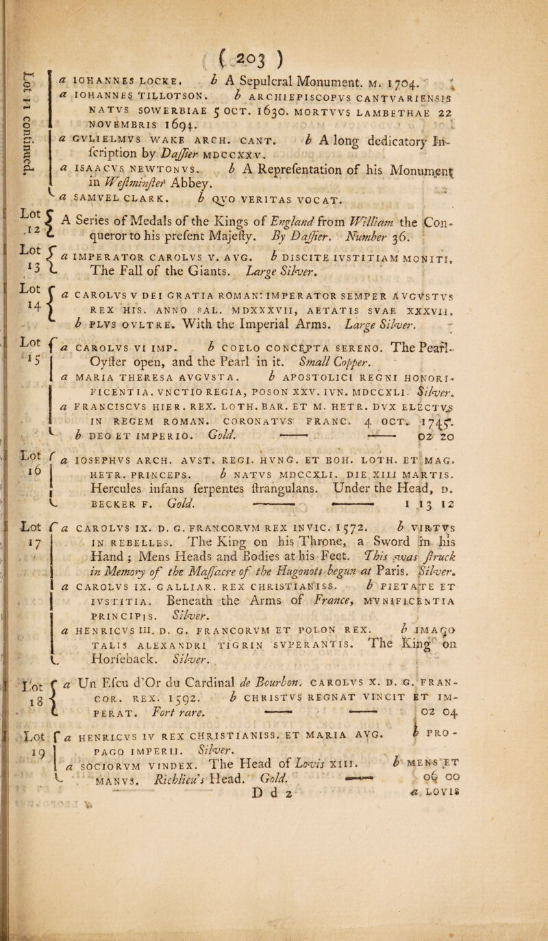 o <—t- o o £3 «T • P P O p- I Lot C ^ iokannes locke, b A Sepulcra! Monument. m„ 1704. a IOHANNES TILLOTSON. b A R C HI E PI SCOP VS C A N T V A RIE NSIS NATVS SOWERBIAE £ OCT. 163O. MORTVVS LaMBETHAE 22 NOVEMBRIS 1694. a GVLIELMVS W A K E ARCH. CANT. fcription by DaJJier mdccxxv. « isaacvs newtonvs. b A Reprefentation of his Monument; in IVejlminJle? Abbey. a SAMVEL CLARK. b VERITAS VOCAT. b A long dedicatory Jn- ^ ^ A Series of Medals of the Kings of Fngland from WiIliam the Com l c. queror to his prefent Majefty. By DaJJier. Number 36. ^J°t « IMPERATOR CAROLVS V. AVG. b DISCITE IVSTITIAM MONITI, *3 « r t H 1 Lot ^ 15 a IMPERATOR CAROLVS V. AVG. The Fall of the Giants. Large Silver. o a CAROLVS V DEI GRATIA ROMAN: IMPERATOR SEMPER AVGVSTVS REX HIS. ANNO SAL. MDXXXVII, AETATIS SVAE XXXVII. b plvs ovltre. Wkh the Imperial Arms. Large Silver. a carolvs vi imp. b coelo concepta sereno. ThePearL Oyfter open, and the Pearl in it. Small Cogper. a MARIA THERESA AVGVSTA. b APOSTOLICl REGNI HONORI¬ FICENTIA. VNCTIO REGIA, POSON XXV. IVN. MDCCXLI. Silver. a FRANCISCVS HIER. REX. LOTH. BAR. ET M. HETR. DVX ELECTVJ> IN REGEM ROMAN. CORONATVS FRANC. 4 OCT. I 747. -—' — 02 20 ^ b DEO ET IMPERIO. Gold. Lot r a 16 I v_ Lot C a 17 a a i:ot 18 L i IOSEPHVS ARCH. AVST. REGI. HVNG. ET BOH. LOTH. ET MAC. HETR. PRINCEPS. b NATVS MDCCXLI. DIE XIII MARTIS. Hercules infans ferpentes ftrangulans. Under the Head, d. BECKER F. Gold. ----* --■- I .1 3 12 CAROLVS IX. D. G. FRANCORVM REX INVIC. I 572. b VIRTVS in rebelles. The King on his Throne, a Svvord in his Hand j Mens Heads and Bodies at his Feet. Lhis .ovas fruck in Memory of the Maffacre of the Hugonots begun at Paris. Silver. CAROLVS IX. GALLIAR. REX C HRISTI AN I S S. b PIETATE ET ivstitia. Beneath the Arms of France, munificentia Principis. Silver. HENRICVS III. D. G. FRANCORVM ET POLON REX. b IMAGO TALIS ALEXANDRI TIGRIN SVPERANTTS. Horfeback. Silver. The King on a Un Efcu d^Or du Cardinal de Bourbon. carolvs x. d. g. fran» COR. REX. I592. b CHRISTVS REGNAT VINCIT ET IM- 04 P E R A T. Fort rare. 02 19 Lot f a HENRICVS IV REX CH R1 S T I A NI S S. ET MARIA AVG. pago imperii. Silver. a sociorvm vindex. The Head of Lovis xm. L ; man vs, Richlieu i Head. Gold. D d 2 101.1 i PRO - J MENS ET OO a lovis