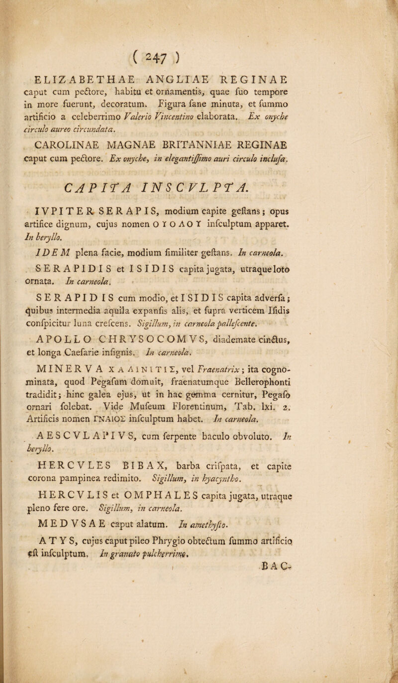 ELIZABETHAE ANGLIAE REGINAE caput cum pedore, habitu et ornamentis, quae fuo tempore in more fuerunt, decoratum. Figura fane minuta, et fummo artificio a celeberrimo Valerio Vincentino elaborata. Ex onyche circulo aureo circundata. CAROLINAE MAGNAE BRITANNIAE REGINAE caput cum pedore. Ex onyche, in elegantijfimo auri circulo incluja. CAPITA INS C VL PTA. IVPITER SERAPIS, modium capite geftans; opus artifice dignum, cujus nomen O X O AO T infculptum apparet. In beryllo. IDEM plena facie, modium fimiliter geftans. In carneola. SERAPIDIS et ISIDIS capita jugata, utraque loto ornata. In carneola. SERAPID IS cum modio, et I SI D IS capita adverfa; quibus intermedia aquila expanfis alis, et fupra verticem Ifidis confpicitur luna crefcens. Sigillum, in carneola jmlkfcente. APOLLO CHRYSOCOMVS, diademate cindus, et longa Caefarie infignis. In carneola. MINERVA X A A1NITI2, vel Fraenatrix; ita cogno¬ minata, quod Pegafum domuit, fraenatumque Bellerophonti tradidit; hinc galea ejus, ut in hac gemma cernitur, Pegafo ornari folebat. Vide Mufeum Florentinum, Tab. Ixi. 2. - a Artificis nomen TNAI02 infculptum habet. In carneola. A E S C V L A I* I V S, cum ferpente baculo obvoluto. In beryllo. HERCVLES BIBAX, barba crifpata, et capite corona pampinea redimito. Sigillum, in hyacyntho. HERCVLISet OMPHALES capita jugata, utraque pleno fere ore. Sigillum, in carneola. M E D V S A E caput alatum. In amethyfio. A T Y S, cujus caput pileo Phrygio obtedum fummo artificio cfi infculptum, In granato fulcherrime, t / B A C-