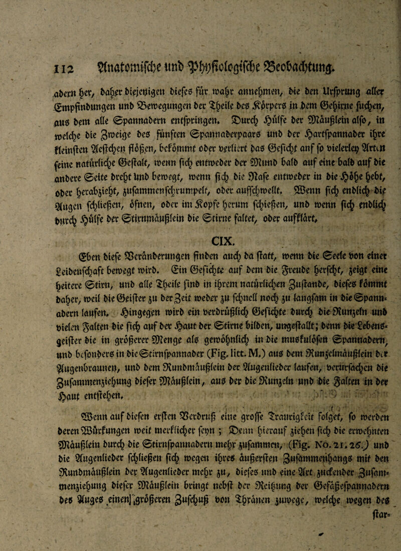 a5em §er, ba|£r bipjetfigen biefeP für ma|r annetjmen, bk ben Urfprnng -ader gmpßnbungen unb 23en?eg«ngctt ber $t)ei(e bep $prperp in bem ©efnrtte fu$en, bem ade ©paunabern entfpringen. ©urcf) £ütfe ber 2Raußteinatfo, in m\c^e bte Steige bes fünften ©patjnaberpaaep unb ber ^artfpannabet i§re fteinßen Slcflc^cn flögen, bcfommt ober verliert baP ©eßeftf anf fp bietertep Sfrtut feine natürliche ©efTatf, wenn ftd> eutmeber ber SKunb batb auf eine batb anf bte anbere ©eite brejjf Unb bewegt, wenn ßch bie SJTafe rntweber in bte Spbfy §ebf. Ober f>erab$ief)t, jufammenfebruntpett, ober auff^wedt, SÖenn fief) enbtief) bk 9(ngcn fließen, ofnen, ober im i?opfe herum fließen, nnb wenn jtef) enbtie^ bnr^ ^nife ber ©firnmaußtetn bte ©firne faltet, ober aufftart, CIX. @>en btefe 95eränbernngen ftnben auch ba (Taff, wenn bte ©eefe bon einer geibenfefjaft bewegt wirb* Sin ©eftc^te anf bem bie gteube herfc^f, jetgf eine ^eitere ©firn, nnb ade Steife find in ihrem natürlichen gußanbe, biefep fbrnrnt ba^er, weit bie ©eijTer ^n bergeit weber ^u fc^ned noch 51t tangfam in bie@pann* abern taufen, hingegen wirb ein berbrußtief) ©efie^te burch bie 9luu$efn nnb bieten gatten bie ftch auf ber $aut ber ©firne bitben, ungeßadf; benn bte Sebent* geijTerbie in größerer 5!Ren ge atp gewöhnlich in bie mupfutofen ©panuabent, nnb befonberp in bte©firnfpannaber (Fig, litt. M.) uup bem fKun|etmanßtein btt Stugenbraunett, unb bem 9tunbmaußfcin ber Singentieber taufen, bernrfad^en bie gnfammenjtchung biefer £9?anßtcin, aup ber bte SUmjetn nnb bie gatten in ber Vjauf entgehen, , ;V ® enn auf biefen erffen 33erbruß eine große ^rattrtgfetf fofget, fo werben beten ©ürfungen weif merfftc^er fcpn ; ffjenn hierauf jiehen ftc^ bie ernennten sjKaußtein burch bie ©tirnfpannabern mehr jufammctt,- (Fig. N0.21.26j unb bie Sfugentieber fließen ficf> wegen ihres außerfTen gafammenbangP mit ben Svunbmaußtein ber Sfugentteber me§r $u, biefep unb eine Sirt §ucfenber gufam* menjte§uug biefer SHaußletn bringt ttcbfT ber .%i|img ber ©efaßefpannabern beb Stugep einen]’^rüßeren gufcfmß tw* grauen juwege, wetc^e wegen bep ftar=