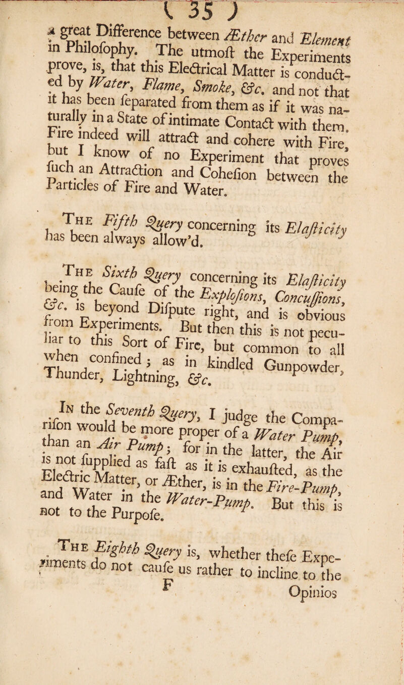fnSPh;L?iflerenC^etWeen Mtber and VtemeHt m Philofophy. The utmoft the Experiments ST’ u> Tl EIe&ical Mat^ ^ condudt- ed by Water Flame, Smoke, &c. and not that it has been feparated from them as if it was na- mrally m a State °f intimate Contact with them. fire indeed will attract and cohere with Fire J?UV 1 ;now °i' no Experiment that proves S and Cohdion baw«£ ,1,; 1 articles of fire and Water, The Fifth S>uery concerning its Ela,Hicity has been always allow’d* heirfcrTTw^€cK concerning its Flafticity &c S bp T6 n r f^C FxP^°Jwnh Concufjiom, 6^. is beyond Dilpute right, and is obviom fom Experiments. But then this is not pecu- TjL° T-8? °fFy common fo all Thunde^Lightningj rifon wouldT^mo^proper of^a C°nP*~ than an ^ Fump] Ei£'%££% fnfw Pump not ^lSZ^lWater-Pm^ But this * Th e Eighth §>uery is, whether thefe Exne- Jiments do not caute us rather to incline to the Opinios