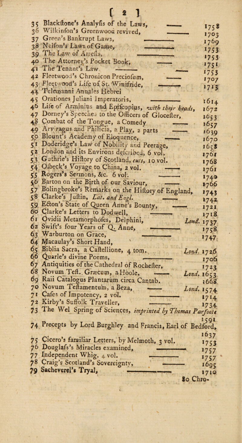 3 5 Blackftone’s Analyfis of the Laws, —_ 36 Wilkinfon’s Greenwood revived, _____ 37 Green’s Bankrupt Laws, ___ 38 Neifon’s Laws of Game, __ 39 The Law of Arrelts, - 40 The Attorney's Pocket Book, —_ 41 The Tenant’s Law* —- --- 42 Fleetwood’s Chronicon Preciofum, - - 43 Fleetwood’s Life of St. Wi-nifride, — 44 Telemanni Annales Hebrei 45 Orationes Juliani Imperatoris, __. 46 Life of Arminius and Epifcopius, with their heads, 47 Dorney’s Speeches to the Officers of Glocefler, 48 Combat of the Tongue, a Comedy _ 49 Arvlragus and Philicia, a Play, 2 parts _ 50 Blount’s Academy of Eloquence, - 51 Doderidge’s Law of Nobiiity and Peerage, 52 London and its Environs defended, 6 vol. 53 Guthrie’s Hiftory of Scotland, CUtSy .10 vol. 54 Oibeck’s Voyage to China, 2 vol. -- 55 Rogers’s Sermons, &c. 6 vol. __ 56 Barton on the Birth of our Saviour, _ 5 7 Bolingbroke’s Remarks on the Hiftory of England, 5 8 Clarke’s Juftin, Lciu and Engl. — 59 Eton’s State of Queen Anne’s Bounty, - 60 Clarke’s Letters to f)odwell, _ 61 Ovidii Metamorphofes, Delphini, 62 Swift’s four Years of Q^Anne, 63 Warburton on Grace, - 64 Macaulay’s Short Hand, ✓ • 1 .• m __ I75S 1703 1769 175 3 *753 *751 17 5 3 l7°7 65 Biblia Sacra, a Caftellione, 4 tom. 66 Quarle’s divine Poems, 67 Antiquities of the Cathedral of Rochefter, 68 Novum Teft. , Gnecum, aHoole, __ 69 Raii Catalogus Plantarum circa Cantab. 70 Novum Tehamentum, a Beza, — 71 Cafes of Impotency, 2 vol. _ 72 Kirby’s Suffolk Traveller, Lotid, 1726 1706 1723 Lend. 16c 2 1668 Lond. 1574 — I714 . . . 1734 73 The Wei Spring of Sciences, imprinted by Thomas Parfoote 1591 74 Precepts by Lord Burghley and Francis, Earl of Bedford, . 1637 75 Cicero’s familiar Letters, by Melmoth, 3 vol. 76 Douglafs’s Miracles examined, 77 Independent Whig, 4 vol. _ 78 Craig’s Scotland’s Sovereignty, - 79 Sacheverel’s Tryal, 80 Chro- 175 3 *757 *757 169 5 1710