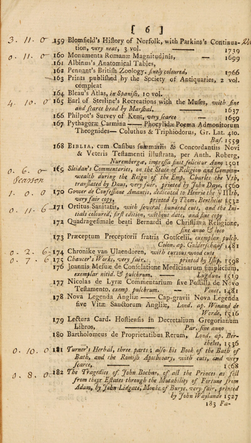 3 o //* Cr .159 //■ f 6 ] Blomfield’s Hidory of Norfolk, with Parkins’s Continua-/^ (7 160 .161 162 163 tion, wry 3 yoL *739 1699 1766 2 voi. /O' 164 (X «6S 166 167 Monumenta Romance Magnitudinis, — Albinus’s Anatomical Tables, Pennant’s Britifh Zoology, finely coloured. Prints publiihed hy the Society of Antiquaries, coippleat Bleau’s Atlas, inSpanifh, iovol. ^ Earl of Steihne s Recreations yvith the Mules, with fne andfarce head by Marjhal, - 1637 Philpot’s Survey of Kent, very fcarce — 1659 1458 0- G. o- »*S Geart-cr/i /. o.O *7° ^.J7« 172 0 - // 173 0 - 'G-174 0 * 7 • £ 175 176 177 178 Pythagora^ Carmina ——■■■■ Phocylidae Poema Admonitorum Theognides— Coluthus & Triphiodorus, Gr. Lat. 4to. Baf. j 559 Biblia, cum Cafibus fummariis & Concordantiis Novi & Veteris Teftamenti illuftrata, per Anth. Roberg, Nuremberga, impreffa finitfelickur Ann-o I 501 Sleidan s Commentaries, on the Stale of Religion and Common* wealth during the Reign of the Emp. Charles the Vth, tranjlated by Daus, very fair, printed by John D aye, 1460 Gower de Confejfone Amantis, dedicated to Henriethe VIIIth, very fair copy, printed by Thom. Berthel&t fig 32 Ortitus Sanitatis, with feveral hundred cuts, and the Ini¬ tialscoloured, firfi edition, without date, fine copy Quadragefimale bead Bernardi de ChrifHana ReBgione, fne anno & loco Prasceptum Preceptorii fratris Gotfcelii, exemplar pfcb. Colon, ap. Gulderfchaaf 1481 Chronike van IJIaendoren, with curious wood cuts Chaucer's Works, very fair, ' printed by Ifip. 1598 Joannis Mefuae de Confclatione Medicinarum fimplicium, exemplar nitid. hA pulc.hrum, — Lugdun. 1 5 19 Nicolas de Lyrae Corhmentarium five Padilla de Novo Tedamento, exemp pule brum, —— Veuet, Nova Legenda Anghae-Cap-gravn Nova Legerida 179 180 (9. /O. 1*1 five Vital Sandier um Angliae, Land. ap. Winand de Wcrde, 1516 Ledtura Card* Hodienlis in Decretalium Gregorianum Libros, ■■ ■■ 1 ■ ■ Par. fine anno 0 * 9 . O' 182 Bartholomeus de Proprietatibus Rerum, Lond. ap. Ber¬ th elett 1536 Turner's Herbal, three parts ; alfo his Book of the Bath of Bath, and the Romifb Apothecary, with cuts, and verv fcarce,. - , - 1 c68 The Tragedies of John Bochas, of all the Princes as fell from theyr. Efates through the Mutability of Fortune from Adam9 by John Lidgate, Monke. of Burye. very fair, printed by John Waylande 1527 <- - 183 Fa-