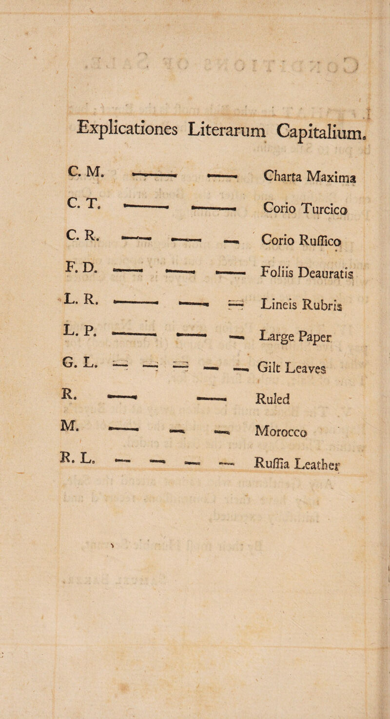 Explicationes Literarum Capitalium. c. M. C. T. C. R. F. D. L. R. L. P. G. L, R. M. R. L8 Charta Maxima Corio Turcica Corio Ruffico * FoJiis Deauratis Lineis Rubric Large Paper Gilt Leaves Ruled Morocco Ruffia Leather