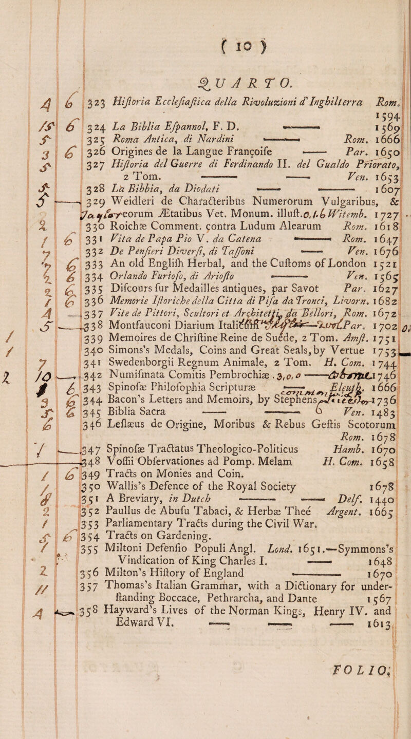 / / l ,\ QUARTO. 323 Htfioria Ecclefiafiica della Rivoluzioni d'Inghilterra Rom. s\ ' 1594 i) 324 La Biblia EfpannoL E. D. —.— 1 569 325 Roma Antica, di Nardini * Rom. 1666 £ 326 Origines de la Langue Fran^oife »- Par. 1650 327 Hijloria del Guerre di Fer din undo II. del Gualdo Prior at 0, 2 Tom. ~ -— ■— Ven. 1653 3 28 La Bibbia, da Diodati »■ - ———- 1607 329 Weidleri de Chara&eribus Numerorum Vulgaribus, & 'c&tffarrzorum AEtatibus Vet. Monum. illuVc.o.hbWitemb. 1727 330 Roichse Comment, contra Ludum Alearum Rom. 1618 33 1 Rita de Papa Pio V. da Catena ■ ■*» Rom. 332 De Penjieri Diverji, di Rajfoni •——— Ven. £ 333 An old Engliih Herbal, and the Cuftoms of London S 334 Orlando Furiofo, di Ariojlo *——— Ven. £ 335 Difeours fur Medailles antiques, par Savot Par. jfl 336 Memorie Iflorichedella Citta di Pifa da Frond, Li%>orn. 1682 1647 1676 1521 •56? 1627 ,337 Vite de Pittori, Scultori et ArcJoitettL Fla Bellori, Rom. 1672 _.3 3 8 Montfauconi Diarium 1702 q, 339 Memoires de Chriftine Reine de Suede, 2 Tom. Amfi. 1751 340 Simons’s Medals, Coinsand Great Seals,by Vertue 1753• 341 Swedenborgii Regnum Animale, 2 Tom. H. Com. 1744 _ 342 Numifmata Comitis Pembrochiae .3,0,0-Abiif7liCiJ4.6 5 343 SpinoLe Philofophia Scripturae AtT'Wjv Thjjjk* *666 0 344 Bacon’s Letters and Memoirs, by Stepffens^/Midfc^-1736 6 345 Biblia Sacra -- —* 0 Ven. 1483 346 LeEseus de Origine, Moribus & Rebus Geflis Scotorum Rom. 1678 J i_,047 Spinofai Traflatus Theologico-Politicus Hamb. 1670 -^348 Voffii Obfervationes ad Pomp. Melam / i7 2 / to 349 Tracis on Monies and Coin. 3 50 Wallis’s Defence of the Royal Society 351 A Breviary, in Dutch H. Com. 1658 f b 352 Paullus de Abufu Tabaci, & Herbae Thee 353 Parliamentary Trafts during the Civil War, 1678 » Del/. 1440 Argent. 1665 z // r 354 Tradls on Gardening. 355 Miltoni Defenfio Populi Angl. Lend. 1651.—Symmons’s Vindication of King Charles I. -- 1648 336 Milton’s Hilfory of England -. 1670 4 357 Thomas’s Italian Grammar, with a Didlionary for under- ftanding Boccace, Pethrarcha, and Dante 1567 358 Hayward’s Lives of the Norman Kings, Henry IV. and Edward VI. -—■< —. - 1613 TO 110;