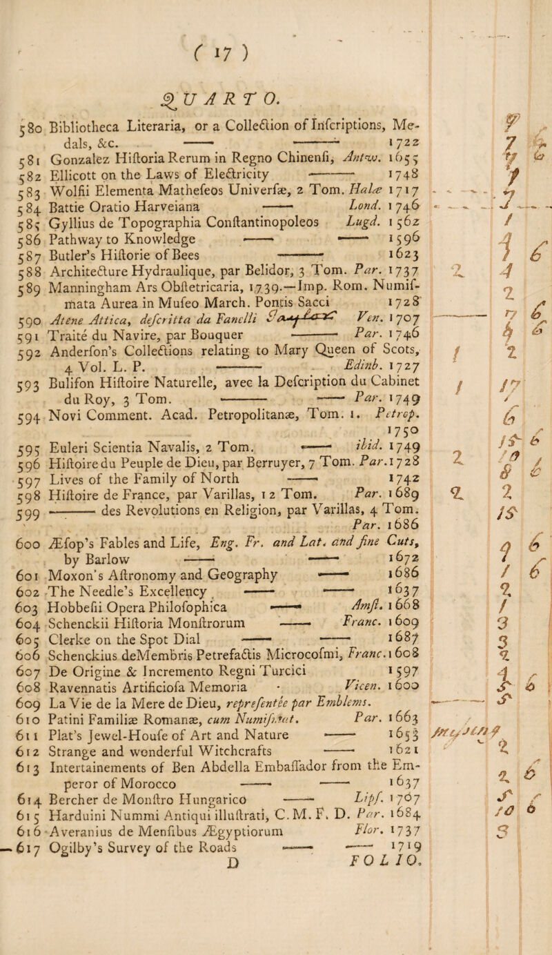 QUARTO. 580 Bibliotheca Literaria, ora Collection of Inscriptions, Me¬ dals, &c. . _ - --- »722 581 Gonzalez HiftoriaRerum in Regno Chinenfi, Antnjj. 1655 582 Ellicott on the Laws of EleCtricity •-1748 583 Wolfii Elementa Mathefeos Univerfae, 2 Tom. liaise 1717 5 84 Battie Oratio Harveiana - Land. 1 746 58^; Gyllius de Topographia Conftantinopoleos Lugd. 1 562: 586 Pathway to Knowledge —— -- 587 Butler’s Hiftorie of Bees ——- 1623 588 Architecture Hydraulique, par Belidor, 3 Tom. Par. 1737 589 Manningham Ars Obiletricaria, 1739.—Imp. Rom. Numif- mata Aurea in Mufeo March. Ponds Sacci 1728 590 Atene Attica, defcritta da Fanclii &Ven. I 707 591 Traite du Navire, par Bouquer -— Par. 1746 592 Anderfon’s Collections relating to Mary Queen of Scots, 4 Vol. L. P. —- Edinb. 1727 593 Bulifon Hiftoire Naturelle, avee la Defcription du Cabinet du Roy, 3 Tom. -- —— Par. 1749 594 Novi Comment. Acad. Petropolitanae, Tom. 1. Petrcp. 17 5° 595 Euleri Scientia Navalis, 2 Tom. --- ibid. 1749 596 Hiftoiredu Peuple de Dieu, par Berruyer, 7 Tom. Par. 1728 597 Lives of the Family of North --- 1742 598 Hiftoire de France, par Varillas, 12 Tom. Par. 1689 cog --des Revolutions en Religion, par Varillas, 4 Tom. Par. 1686 600 TEfop’s Fables and Life, Eng. Fr. and hat. and fine Cuts, by Barlow -- -—- 1672 601 Moxon’s Aftronomy and Geography *—— 1686 602 The Needle’s Excellency -* — *637 Amfi. 1668 Franc. 1 609 1687 603 Hobbefii Opera Philofophica 604 Schenckii Hiftoria Monftrorum 605 Clerke on the Spot Dial - 606 Schenckius deMembris PetrefaCtis Microcofmi, Franc. 1608 607 De Origine & Incremento Regni Turcici 608 Ravennatis Artificiofa Memoria * Vicen. 609 La Vie de la Mere de Dieu, reprefentee par Emblems. 610 Patini Familiae Romanae, cum Numifnfat. Par. 61 1 Plat’s Jewel-Houfe of Art and Nature -- 612 Strange and wonderful Witchcrafts --* 613 Intertainements of Ben Abdella Embaflador from the Em¬ peror of Morocco - - *637 1 597 1600 1663 1653 1621 614 Bercher de Monftro Hungarico Lipf. 17b 7 615 Harduini Nummi Antiqui illuftrati, C. M. F» D. Par. 1684 616 Averanius de Menfibus ^Egyptiorum Flor. 1737 —*617 Ogilby’s Survey of the Roads — -—' 17I9 6 D ' FOLIO.