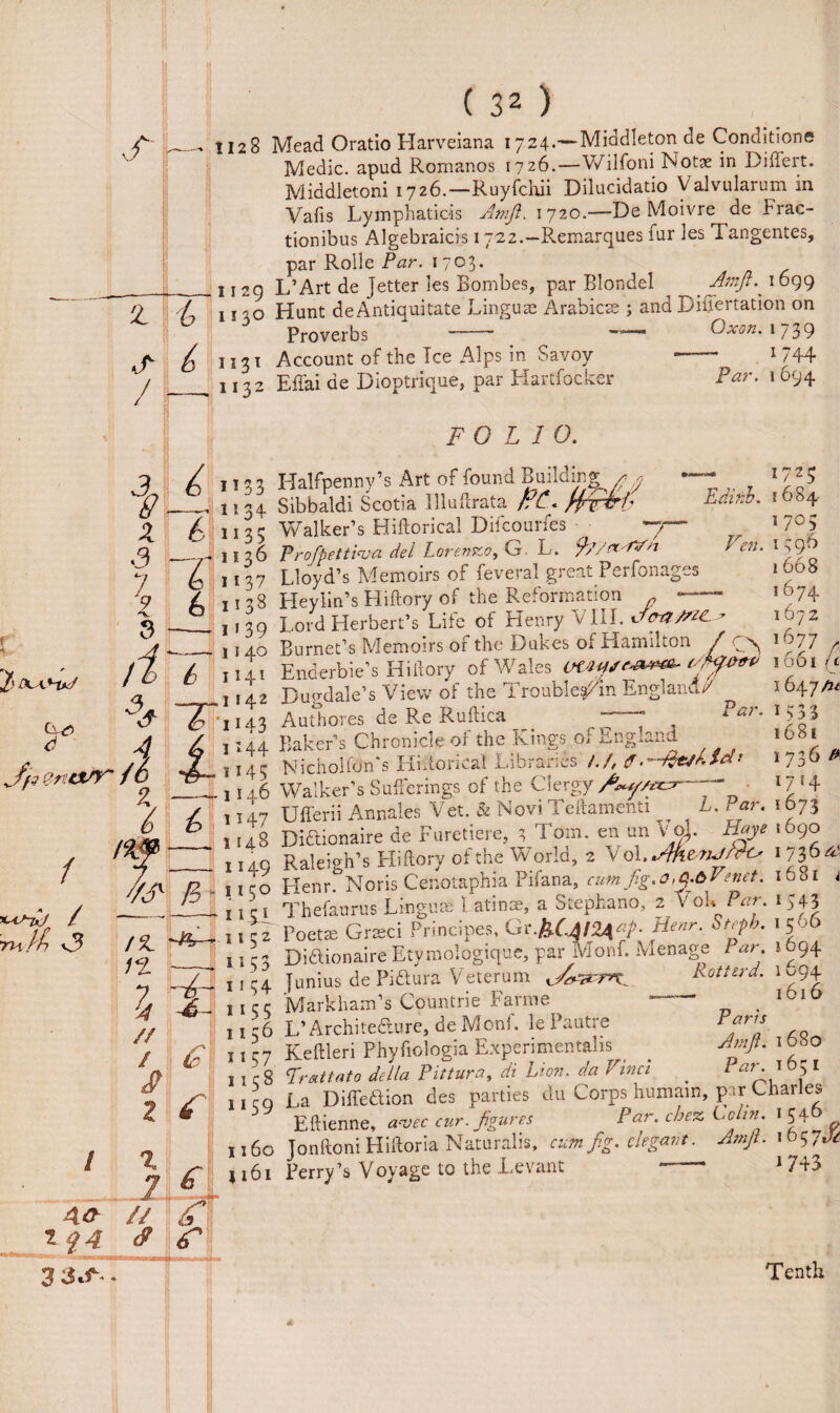 'I .r / to £ ( 32 ) H28 Mead Oratio Harveiana 1724.—Middleton de Conditions Medic, apud Romanos 1726.—Wilfoni Notge in Differt. Middletoni 1726.—Ruyfchii Dilacidatio Valvularum in Vafis Lymphatiois Am ft. 1720.—De Moivre de Frac- tionibus Algebraicis 1722.—Remarques fur les Tangentes, par Rolle Par. 1703. .1129 L’Art de jetter les Bombes, par Blondel 11 30 Hunt de Antiquitate Linguae Arabics ; and DilTertation on Proverbs -- —* Cxon. 1739 1131 Account of the Ice Alps in Savoy - .I, 744 1132 Effai de Dioptrique, par Hartfocker FOLIO. Par. 1 694 3g± z 6 7 T X 6 3 - 1133 Halfpenny’s Art of found Building^ 1134 Sibbaldi Scotia Illuftrata f?£* Walker’s Hillorical Difcourfes 1725 Edinh. 5 684 1133 Walter's mnoncai j^ii<.uunw ■ / 1136 Profpetti'ua del Lorenzo, G. L. fy/adYn 1137 Lloyd’s Memoirs of feveral great Perfonages 1138 Heylin’s Hiftory of the Reformation — 1 70 Veil. 1596 1668 1674 16' d 6 1138 rleykn s riiitory or ine j\ciuiin«4Liuii „ 1139 Lord Herbert’s Life of Henry VIII. ocrt/riC * , 1140 Burnet’s Memoirs of the Dukes of Hamilton / C\ 1 fifi / 11 m Enderbie’s Hiftory of Wales Vtoeri 1001 ( c 1 t _ . . . tt. r .t nr' U1 //:_ T7«/vlnvi/1 // I OA.7/U[ d 4 jff g&n&AT /O 1 n\ Ih v3 [41 nnaeruic s y v>x ^-.7 . i / j, 42 Dugdale’s View of the Trouble^/m England// 1143 Authores de Re Ruftica Par M33 1681 W: 6 t> 1714 ! 144 Baker’s Chronicle of the Kings of England 1145 Nicholfon's HiitonCal Libraries ij, ff.—ftetKid* 11 a6 Walker’s Sufferings of the Clergy , ,,47 Ufferii Annales V et. & Novi Teftamenti L. .or. 167$ 1148 Di&ionaire de Furetiere, ? Tom. en un vo). Haye 1690 1149 Raleigh’s Hiftory of the World, 2 Vol.^4e.«^/9o 1736* 4<? t$4 % .. 7 «. // V 11 ro Henr. Noris Cenotaphia Pifana, cumfig.o^.ol end. 1681 nn Thefaurus Linguae l.atinae, a Stephano, 2 V Par. 154.3 11 r 2 Poetse Grteci Principes, Gr.kUlZ\*P Henr. Stepb. 1 506 iir. Didlionaire Etvmologique, par Monf. Menage Par. 1694 j {r4 Junius dePi&ura Veterum kottird. 1^94 1 ICC Markham’s Countrie Farme — . lblt> x 156 L’Architecture, de Monf. le Pautre 1117 7 Keftleri Phyfiologia Experimental^ . n c 8 Pratt at 0 della Pittura, V Lion, da Vina . l at. 1 o5 n q La Diffeftion des parties du Corps humam, par Charles Eftienne, *** cur. figures Par. cbez Uhn 1 54& 1160 Jonftoni Hi Lori a Naturahs, cum fig. elegant. Am ft. 1 05 Jjt ji6i Perry’s Voyage to the Levant —— 1 7+3 Tenth