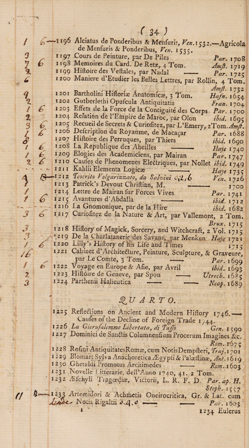 —. 1196 1197 1198 1199 1200 1201 1202 1203 1204 120^ I 206 12 °7 I 208 I 209 1210 - I 2 I I —12 I 2 1213 1214 I2I5 - 1216 1217 12 I 8 *.219 12 20 1221 I 222 I 223 I 224 ( 34 ) Alciatus de Ponderibus & Menfuris, rj2.—Aericola de Menfuris & Ponderibus, 1 535. Cours de Peinture, par De Piles Tar. 1708 Memoires du Card. De Retz, 4 Tom. Am ft. 1710 Hiftoire des Veltales, par Nadal - Tar. i jzz Maniere d’Etudier les Belles Lettres, par Rollin, 4*Tom. Amfi. 1722 Bartholin! Hirtorias Anatomies, 3 Tom. Hafn. 1654 GutberJethi Opufcula Antiquitatis Fran. 1704 Efiets de ia Force de la Contiguite des Corps Tar. i 700 Relation de i’Ernpire de Maroc, par Olon Aid. 1695 Recueil de Secrets & Curiofitez,par L’Emery, z'Tom.Amft. Description du Royaume, de Maca^ar Tar. 1688 Hiftoire des Perruques, par Thiers ibid. 1690 La Republique des Abeilles —-. Aaye 1740 Elogies des Academiciens, par Mairan Tar. 1747 Caufes de Phenomena Eleftriques, par Nollet ibid. 1749 1735 /A#. 1726 1700 fW. 1 741 ibid. 1712 2<W. l682 Kahlii Elementa Logicae - _. Teocrito Volgarizzato, da Salvini 6{h(y Patrick’s Devout Chriflian, M. — Lettre de Mairan fur Forces Vives Avantures d’Abdalla La Gnomonique, par de Ia Hire ... Curiontez de la Fiature 8c Art, par Vallemont, 2 Tom, Brux. 17IC LMory of Magiek, Sorcery, and Witchcraft, 2 Vol. 1713 De la Charlatanerie des Savans, par Menken Have \ 721 Lilly’s Hiltory of His Life and Times 1719 Cabinet d’ Architecture, Peinture, Sculpture, Sc Graveure, par Le Comte, 3 Tom. -— Tar. 1699 Voyage en Europe & Afie, par Avril ibid. 1693 Lliltoire de Geneve, par Spon — ■ - TJtrecb. 1685 ParJienii Halieutica -■ Neap. 1689 QU A RT O. 1223 Reflections on Ancient and Modern Hiffory 1746. —«* Caufes or the Decline of Foreign Trade 1 744. 1226 La Gierufalemme Liber tat a, di Tajfo Gen. 1 390 1227 Dominici de Sanftis Columnenlium Procerum Imagines Sec. Rom. 1*673 1 228 Rofirii AntiquitatesRomae,cum NotisDemplteri, Traj.inoi 1 229 Blomart Svlva Anachoretica Aigypti & Palaellin^, Ant. 1619 1230 Ghetald-i Promotus Archimedes -- Rom. 1603 1231 Novelle Litterarie, delPAnno 1740, 41. 2 Tom. 1232 ATchyli TragoedieE, Vi&orii, L. R. F. D Par.ap.H. ,% - Steph. 13^7 1233 Artemidori & Achibetis Oneirocritica, Gr. & Lat. cum Maa*-' Nods Rigaltii -—* — Tar. 1603