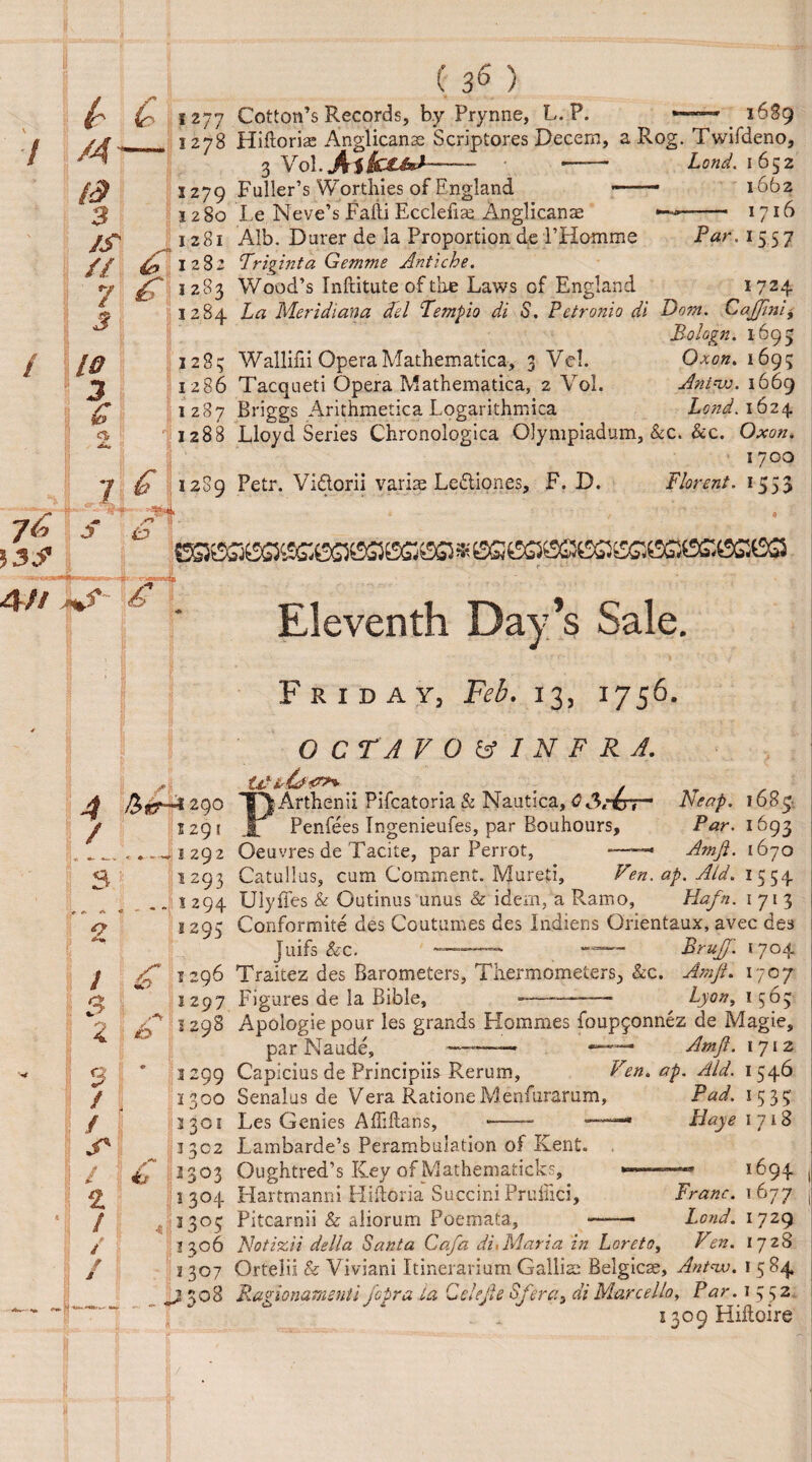 / 1277 Cotton’s Records, by Prynne, L. P. ■- 1689 „ 1278 Hiftoria: Anglicanse Scriptores Decern, a Rog. Twifdeno, 3 Vol.AifctS**-- •- Lend. 1652 1279 Fuller’s Worthies of England -.— 1662 1280 Le Neve’s Falii Ecclefise Anglicante -- 1716 1281 Alb. Durer de la Proportion de PHomme Par. 1557 d 12 8 2 Triginta Gemme Antiche. 1 283 Wood’s Inftitute of the Laws of England 1724 3284 La Meridiana del Fempio di S. Petronio di Dorn. CaJJlni^ Bologn. 1697 128; Wallilii OperaMathematica, 3 Vcl. Oxon. 1695 1286 Tacqueti Opera Mathematica, 2 Vol. Antw. 1669 1287 Briggs Arithmetica Logarithmica Lend. 1624 1288 Lloyd Series Chronologica Olympiadum, &c. &c. Oxon. 1700 12S9 Petr. Vidorii varise Lediones, F. D. Florent. 1553 t : / 3 A • ©SJtSSSeSXSS5tSS569SSt9SHSG»S© Eleventh Day’s Sale. Fr 1 d a y, Feb. 13, 1756. CTA V 0 & I N F R A. 4 litr-1290 / 1291 - —V <■ » ~ 1292 3 1293 1294 £ 1295 / £ 1296 5 . 1297 z £> 2298 9 * 2 299 / 1300 / 2 301 / | 6, 1302 1303 2 1304 / *\ *3°5 p / 1306 / M 2307 .... D3°8 O PArthenii Pifcatoria & Nautica, CSrb7 Neap. 1683 Penfees Ingenieufes, par Bouhours, Par. 1693 Oeuvres de Tacite, par Perrot, -——• Amjt. 1670 Catullus, cum Comment. Mureti, Ven. ap. Aid. 1554 Ulyffes & Outinus unus & idem, a Ramo, Hafn. 1713 Conformite des Coutumes des Indians Orientaux, avec des Juifs &c. BruJJ. *704 Vraitez des Barometers, Thermometers, &c. AmJL 1707 Figures de la Bible, -——— Lyon, 1565 Apologiepour les grands Hommes foup^onnez de Magie, par Naude, —— ——* Amft. 1712 Capicius de Principiis Rerum, Ven. ap. Aid. 154(3 Senalus de Vera Ratione Menfurarum, Pad. 153 3 Les Genies AEiftans, ■—— — Lambarde’s Perambulation of Kent. Oughtred’s Key of Mathematicks, Hartmanni Hiftoria SucciniPruffici, Pitcarnii & aliorum Poemata, Baye 1718 Franc. —• Lond. Notizii della Santa Cafa di, Maria in Loreto, Ven. 1694 1677 1729 1728 Ortelii & Viviani Itinerarium Galliae Belgicse, Antnv. 15 84 Ragionamenti [opra la Gelefte Sfercu di Marcello, Par. 1332 1309 Hiiloire