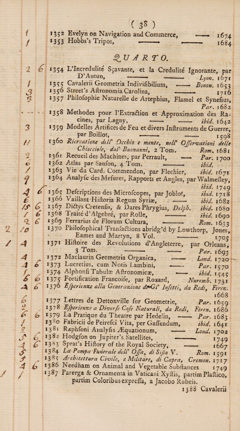 o / / / l / 3 rZ ( 3* ) 1352 Evelyn on Navigation and Commerce, *353 Hobbs’s Tripos, -■ . 1674 1684 £\ QUARTO. V. // 2 s’ 40 / t 4 A £ £ /S / £ £ fe 4 4 £ A r £ V A s'* 0 A fry ] if 3 £ h 1 / 1 f ' 1 S 6 1 4 £ 1 S 1 f 1 4 b ! *354 13 56 13 5 7 ' *358 1' 13 59 *360 136* 13 62 1363 J364 L’lncredulite Sjavante, et la Credulite Ignorante, par D’Autun, _ .. Lyon. 1671 Cavaleiii Gcometria Indivifibilium, ■■ JBonon. 1653 Street’s Aftronomia Carolina, -.- 1716 Fhilofophie Naturelle de Artephius, Flamel et Syneiius, Par. 1682 Methodes pour l’Extraftion et Approximation des Ra¬ cines, parLagny, - - ibid. 1642 Modelles Artifices de Feu et divers Inftruments de Guerre, par Boillot, -— -- 159S Pier cat 1 one dell' Occhio e mentey nelP Ojjervationi dells Chiocciole, dap Buonanniy 2 Tom. Rom* 168c Recueil des Machines, par Perrault, — Par. 1700 AMas par Sanfon, 4 Tom. —- ibid. Vie du Card. Commendon, par Flechier, ibid. 1671 ibid. 1718 ibid. 1682 ibid. 1680 ibid. 1690 Rom. 1633 / Analyie des Mefures, Rapports et Angles, par Walmelley, . ibid. 1749 Defcriptions des Microfcopes, parjoblot, 1366 Vaiilant Hiftoria Regum Syriae, . —■— 1367 DiStys Cretenfis, & Dares Phrygius, Delph. 1368 Traite d’Algebre, parRolle, -- 1369 Ferrarius de Florum Cultura, ... _. J37° Philofophical Tranfadions abridg’d by Lowthorp, Jones^, Eames and Martyn, 8 Vol. .- l7GS 1371 Hiftoire des Revolutions d’Angleterre, par Orleans, 3 Tom. . -.» Par. 1693 ' Maclaurin Geometria Organica, -. Land. 1720 Lucretius, cum NRtis Lambim, Par. • AlphonfiTabulae Aftronomicae, — ibid. 1545 Fortification Francoife, par Roaard, Nuremb. 1731 E/perit’nze alia Generations dfrGP lnfetti, da Redi, Firen. 1668 Lettres de Dettonville fur Geometrie, Par. 1659 Ffpenenze a Doverfe Cofe Naturally da Rediy Firen. 1686 La Pratique du Theatre par Hedelin, -- Par. 1683 habricii de Peirefci Vita, per GaiTendum, ibid. 1641 Raphfoni Analyfis AEquationum, *—*— Lond. 1702 Hodgfon on Jupiter’s Satellites, —- *749 Sprat’s Hifiory of the Royal Society, - 1667 La Pomp a Funerale dell GJfay diSiJio V. Rom. 1591 Architettura Civile, e Militare, di Capra, Gremon. lyiy Needham on Animal and Vegetable Subitances *749 Parerga & Ornamenta in Vaticani Xyltis, partim Plallico, partim Coloribusexpretfa, a Jacobo Rubeis. 1388 Cavalerii