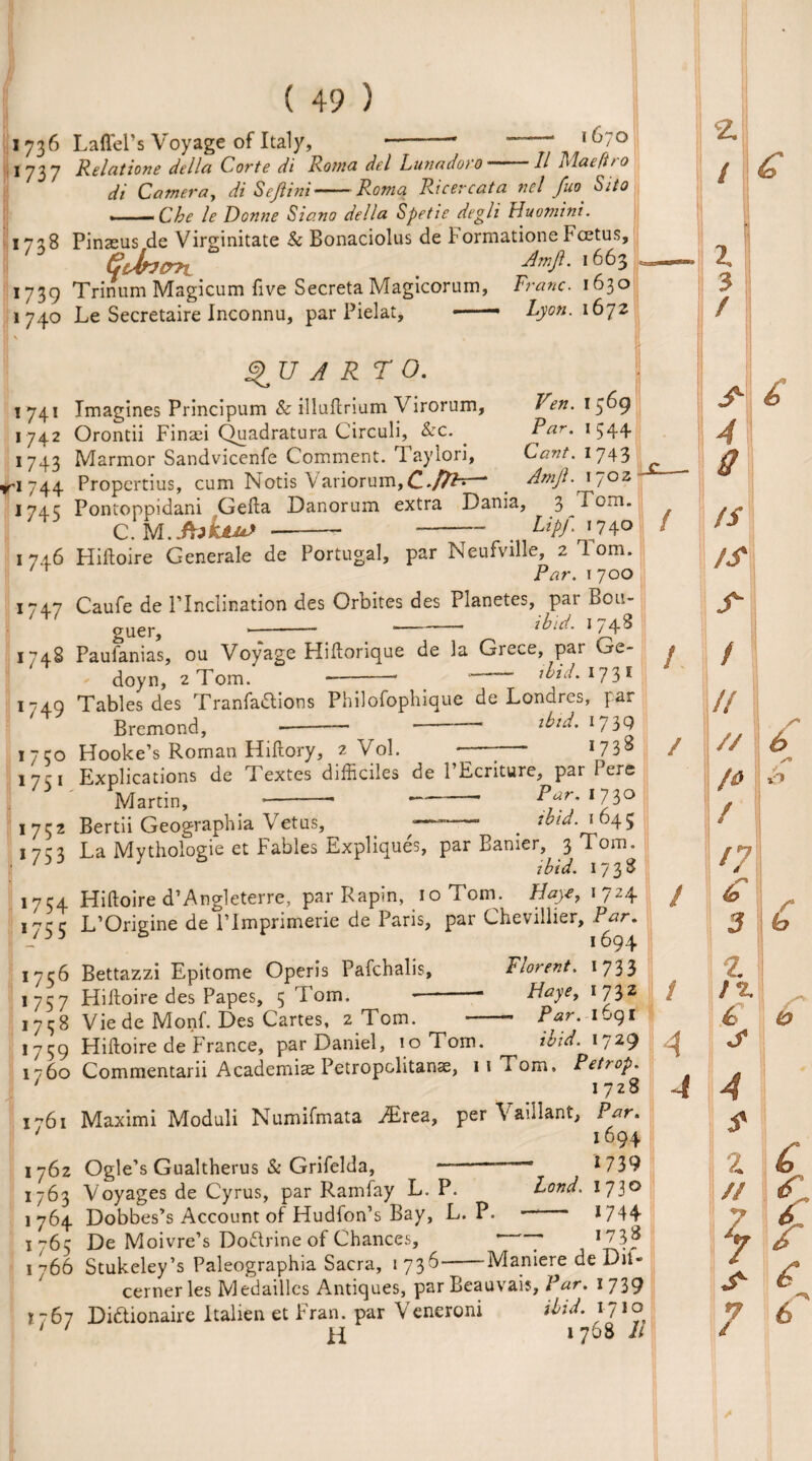 I 736 Laffel’s Voyage of Italy, --— —— iCyo 737 Relatione della Corte di Roma del Lunadoro-II Mae ft ro di Camera, di Sejlini-Roma Ricercata nel fuo Si to «—— Che le Donne Siano della Spetie degli Huomini. 728 Pinaeus de Virginitate & Bonaciolus de Formatione Fcetus, CtdtJO?1 Amft. 1663 739 Trinum Magicum five Secreta Magicorum, Franc. 1630 740 Le Secretaire Inconnu, par Pielat, --• Lyon. 1672 QU A R TO. I 741 Imagines Principum & illuftrium Virorum, 1742 Orontii Finsei Quadratura Circuli, See. _ 1743 Marmor Sandvicenfe Comment. Taylon, ri 744 Propertius, cum Notis Variorum,C.ffih 1 _ - 174c Pontoppidani Gefta Danorum extra Dania, 3 Tom. C. M.ftoktu* —--- . LiPf 1,740 1746 Hiftoire Generale de Portugal, par Neufville, 2 1 °m. Par. 1700 1747 Caufe de Plnclination des Orbites des Planetes, par Bou ' * ' 1 L.'.J r a 1 C Ven. 1569 Par. I 544 Cant. 1743 Amjl. 1702 guer, .- --- ibid. I / 4*> 1748 Paufanias, ou Voyage Hiftorique de la Grece, par Ge- doyn, 2 Tom. --- ~ ibid. 1731 1-49 Tables des Tranfa&ions Philofophique de Londres, par Bremond,-— -- ibid. 17 3 Q 1750 Hooke’s Roman Hiftory, 2 Vol. -7—;- 17c 1 Explications de Textes difficiles de 1 Ecriture, par 1 ere Martin, --- -* *73° 1752 Bertii Geographia Vetus, ——‘ . ibid. 1 by $ 1753 La Mythologie et Fables Expliques, par Earner, 3 Tom. ibid. 17 3 ^ 1754 Hiftoire d’Angleterre, par Rapin, 10 Toni. IIaye, 1724 1735 L’Origine de Flmprimerie de Paris, par Chevillier, P^r. 1736 Bettazzi Epitome Operis Pafchalis, Florent. 1733 1737 Hiftoire des Papes, 5 Tom. --* Faye, 1732 1738 Vie de Monf. Des Cartes, z Tom. * • Par.ijqi 1759 Hiftoire de France, par Daniel, 10 Tom. ibid. 1729 1760 Commentarii Academise Petropolitanae, 11 Tom, Pet?op. ' 1728 1*761 Maximi Moduli Numifmata AErea, per\aillant. Par. ' 1694 1762 Ogle’s Gualtherus & Grifelda, --*739 1763 Voyages de Cyrus, par Ramfay L. P. Lond. 173° 1764 Dobbes’s Account of Hudfon’s Bay, L. P. • *744 1-63 De Moivre’s Do&rine of Chances, * 7 I73? 1 766 Stukeley’s Paleographia Sacra, 1 736-Maniere de Dit- cerner les Medaillcs Antiques, par Beauvais, l ar. 1 739 7767 Diftionaire Italien et Fran, par Veneroni ibid. 1710 ' ‘ pq 1768 h / f 4 4 2. / £ ! tS ts s t /! 1 7 7 £ s' // // b fa b / 17 *> /• 3 b Z IZ i> S <0 4 s z £ // 6 7r £ 6
