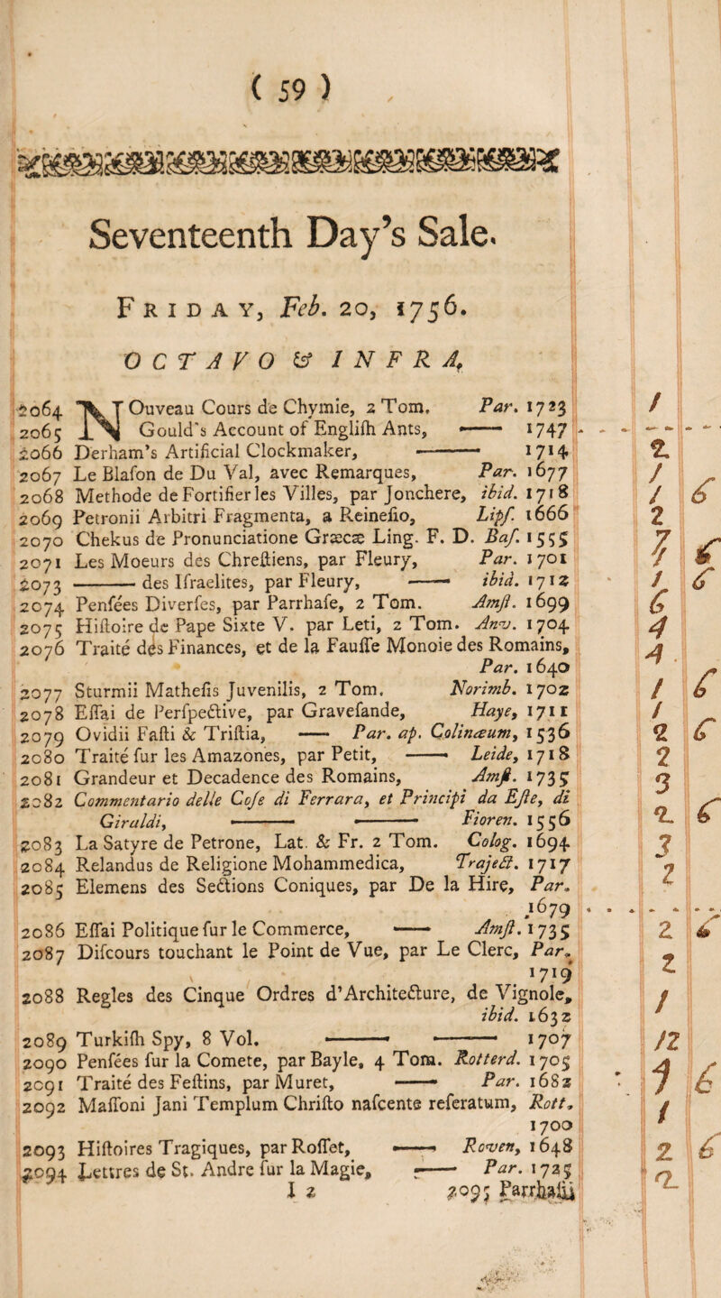 Seventeenth Day’s Sale. Friday, Feb. 20, 1756. OCTA V0 & INFRAj 5064 Ouveau Cours de Chymie, 2 Tom, Par. 1723 2065 j_^ Gould's Account of Englifh Ants, »- 1747 - 2066 Derham’s Artificial Clockmaker, —-- 17H 2067 Le Blafon de Du Val, avec Remarques, Par. 1677 2068 Methode de Fortifier les Villes, par Jonchere, ibid. 1718 2069 Fetronii Arbitri Fragmenta, a Reinefio, Lipf. 1666 2070 Chekus de Fronunciatione Graecse Ling. F. D. Baf. 1555 2071 Les Moeurs des Chreftiens, par Fleury, Par. 1701 £073 -des Ifraelites, par Fleury, -- ibid. 171Z 2074 Penfees Diverfes, par Parrhafe, 2 Tom. Amji. 1699 2075 Hiftoire de Pape Sixte V. par Leti, 2 Tom. Ami. 1704 2076 Traite des Finances, et de la Fauffe Monoie des Romains, Par. 1640 2077 Sturmii Mathefis Juvenilis, 2 Tom. Norimb. 1702 2078 Effai de Perfpedive, par Gravefande, Haye, 1711 2079 Ovidii Fafti & Triftia, -* Par. ap. Colinaum, 1536 2080 Traite fur les Amazones, par Petit, — Leide,iji& 2081 Grandeur et Decadence des Romains, Amji. 1735 2082 Gommentario delle Coje di Ferrara, et Principi da EJie, di Giraldi, ... .. 1556 2083 La Satyre de Petrone, Lat. & Fr. 2 Tom. Co log. 1694 2084 Relandus de Religione Mohammedica, Prajedi. 1717 2085 Elemens des Sedions Coniques, par De la Hire, Par. .i679 2086 EfTai Politique fur le Commerce, — Amji. 173 5 2087 Difcours touchant le Point de Vue, par Le Clerc, Par* i7!9 2088 Regies des Cinque Ordres d’Architecture, de Vignole, ibid. 1.632 2089 Turkifh Spy, 8 Vol. — - 1707 2090 Penfees fur la Comete, parBayle, 4 Tom. Potterd. 1703 2C91 Traite des Feftins, parMuret, — Par. 16S2 2092 Maffoni Jani Templum Chrifto nafcente referatum, Pott, 1700 2093 Hiftoires Tragiques, par Roflet, --* Poverty 1648 £094 kettres de St. Andre fur la Magie, r- par- 17a5 l z 7.095 Parrialii