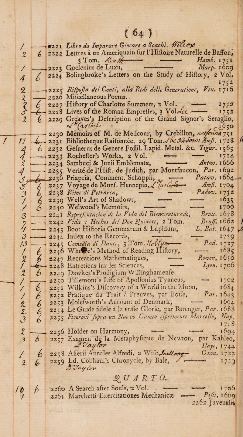 / 2 / A 2 .*•221 Lilro da Imparare Gioeare a Scacbi. &?*■ 2222 Lettres a un Ameriquain fur PHiftoireNaturelle de Buffon* 3 Tom. /fcut/fe-— — — - Hamb. 1751 ,2223 Goclenius de Luxu, .—-— . Marp. 1609 l 1 6 -k- 1 <a 2224. Bolingbroke’s Letters on the Study of Hi&ory, 2 Vol *75* 12225 Rifpojla del Conti, alia Redi delle Generations, Ven. 1716 2226 Mifcellaneous Poems. 2227 Hiftory of Charlotte Summers, 2 Vol. 1750 222S Lives of the Roman Empreffes, 3 Vol 1752 n A i v s J 3 / 3 1 3 !3 ! 2 ! 2 / / / 2 z 3 l 3 fc / 4 2229 Greaves’s Defcription of the Grand Signor’s Seraglio, r,1^650 2230 Memoirs of M. de Meilcour, by Cfebillon, 2231 Bibliotheque Raifonr.ee, 29 Tom. Amjl. 1728 ^ 2232 Gefnerus de Genere Foffil. Lapid. Metal. &c. Vigur. 1565 2233 Rochefter’s Works, 2 Vol. — — 1714 2234 Sambuci & Junii Emblemata, -..- Antnv. 1666 2235 Veritede l’Hift. de Judith, par Montfaucon, Par. 1692 236 Priapeia, Comment. Schoppii, ^ Patav. 1664 i ^‘*3'-' , -- --r 2237 Voyage de Monf. Hennepin,*/'^Amft. 1704 22 3 S Rime di Petrarea, »——■—- Padov. I 73 2 2239 Well’s Art of Shadows, -- -- 1635 2240 Welwood’s Memoirs, • ■ -.-- 1700 2241 Reprefentacion de la Vida del Bienventurado, Brux. 1678 2242 Tjt&z 7 Hechos del Don Quixote, 2 Tom. Brujf. *662 ^ '2243 Boot Hiftoria Gemmarum & Lapidum, 2244 Index to the Records, ——- 2245 Comedia di Dante, 3 Tom..//^* i 6 2246 While’s Method of Reading Hiflory, 2247 Recreations Mathematiques, -- 2248 Entretiens fur les Sciences, —— 2249 Dawkes’sProdigium Willinghamenfe. L. Bat. 1647 ^ — 1739 Pad. 1727 1685 Rover, 1630 Z;wz. 1706 f I 4 2250 Tillemont’s Life of Apollonius Tyaneus, — 1702 2251 Wilkins’s Difcovery of a World in the Moon, 1684 2252 Pratique du Trait a Preuves, par Bcife, Par. 1643 2253 Molefworth’s Account of Denmark, - 1694 2254 Le Guide fidele a ]a vraie Glorie, par Barenger, Par. 1688 6 2255 Vicaroni fopra un Nuo-vo Cameo efprimente Marcello, Nap. 1718 2256 Holder on Harmony, — ——' 1694 / ^ Z k 2257 Examen de la Metaphyfique de Newton, par Kahleo, mfrVayi&r VIaye, 1 744 2258 Afferii Annales Alfredi, a Wile,Oxon. 172^ 2259 Ld. Cobham’s Chronycle, by Bale, / ———> 1729 Vi Th ip Very' b QUARTO. 2260 A Search after Souls, 2 Vol, 2261 Marchetti Exercitationes Mechanics -—• tt©6 • Pi fit, 1669 1262 Juvenal^