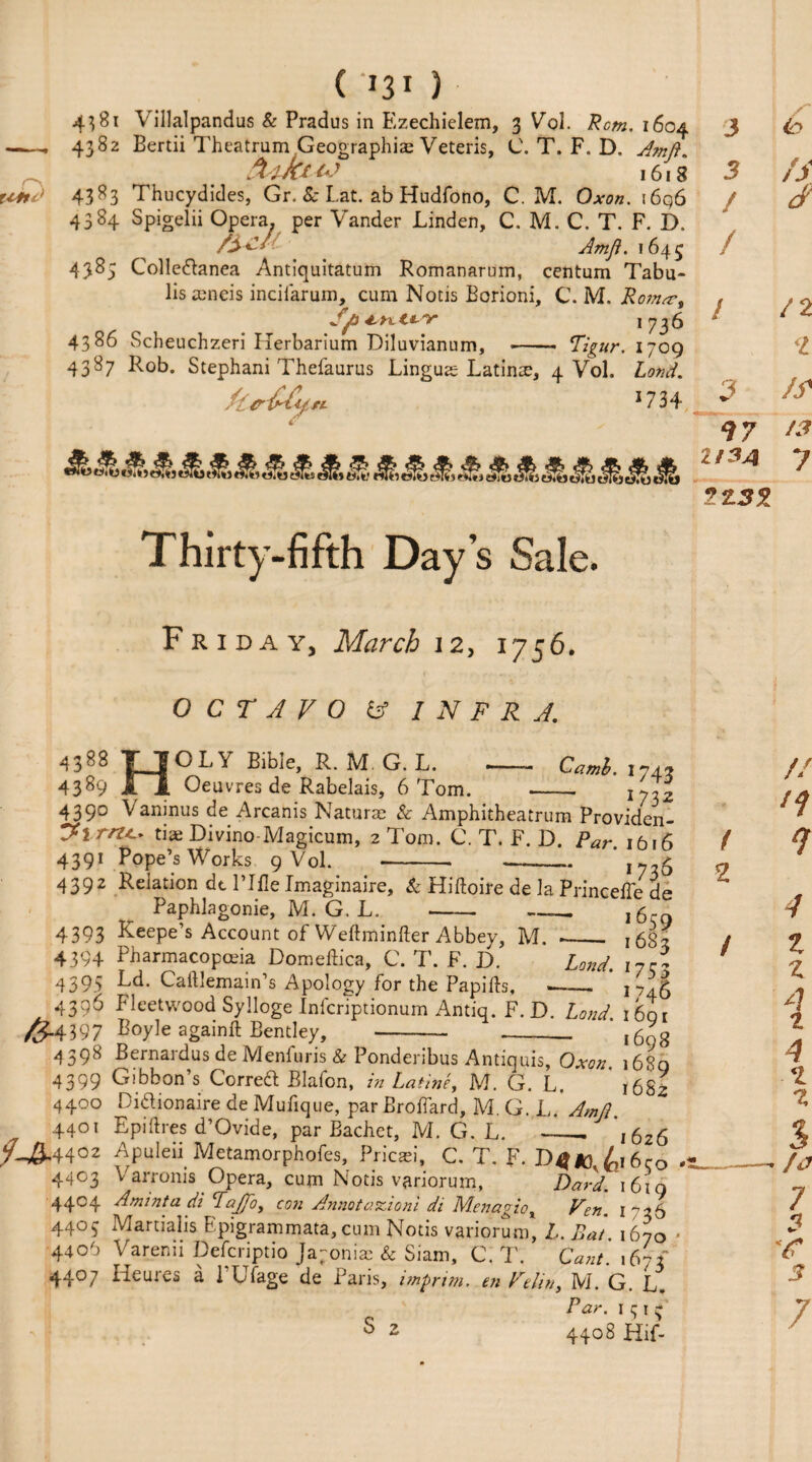 4^81 Villalpandus & Pradus in Ezechielem, 3 Vol. Rem. 1604 ——, 4382 Bertii Theatrum Geographic Veteris, C. T. F. D. Amft. tukiM 1618 u*td 43^3 Thucydides, Gr. & Lat. ab Hudfono, C. M. Oxon. i6q6 4384 Spigelii Opera, per Vander Linden, C. M. C. T. F. D. /$<■* Amfl. 1645 4385 Colle&anea Antiquitatum Romanarurn, centum Tabu- liseneis incilarum, cum Notis Borioni, C. M. Roma-, J/t 4.>xLW 1736 4386 Scheuchzeri Herbarium Diluvianum, --- Tigur. 1709 4387 Rob. Stephani Thefaurus Linguc Latinc, 4 Vol. Lond. /te&u*. >734 MoJfL J!*»gfe J&, JH, Thirty-fifth Day s Sale. Friday, March 12, 1756. OCTAVO & INFRA. 43jfG^F V Bible, R. M. G. L. -. Camb. 4389 Oeuvres de Rabelais, 6 Tom. 743 1732 4390 Vaninus de Arcanis Nature & Amphitheatrum Providen- tic Divino-Magicum, 2 Tom. C. T. F. D. Par. 1616 4391 Pope’s Works 9 Vol. - —-—.. 4392 Relation dt l’lfle Imaginaire, & Hiftoire de la Princefle de Paphlagonie, M. G. L. --- j^,Q 4393 Keepe’s Account of Weftminfter Abbey, M. -_ I63- 4394 Pharmacopoeia Domeftica, C. T. F. D. Lond. i7c* 4395 PT Caftlemain’s Apology for the Papifts, --1746 4396 Fleetwood Sylloge Infcriptionum Antiq. F. D. Lond. 169 397 Boyle againft Bentley, 1698 4398 Bernardus de Menfuris & Ponderibus Antiquis, Oxon 1680 4399 Gibbon’s Correft Blafon, in Lathe, M. G. L. 1682 4400 Diftionaire de Mufique, par Broflard, M. G. L. Amji 4401 Epiftres d’Ovide, par Bachet, M. G. L. -. ’,626 y^.4402 Apuleii Metamorphofes, Pricci, C. T. F. D4*),£i6r0 . 4403 Varronis Opera, cum Notis variorum, Dard. 1619 4404 A mint a di cAaJ[o, con Annotation! di Menagiox Fen. 1736 4403 Martialis Epigrammata, cum Notis variorum, L. Bat 1670* 440b Varenii Defcriptio Japonic & Siam, C. T. Cant. 167; 44°7 Heures a 1 Liage de Paris, imprint. en Fdin 3 M. G. L. Par. 1311;