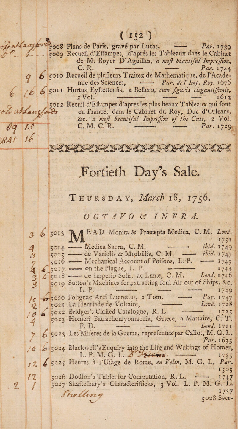 A/*i { f52 5008 Plans de Paris, grave par Lucas, —— Par. 1759 ^ fT„ 5009 Recueil d’Eftampes, d’apres les Tableaux dans le Cabinet de M. Boyer D’Aguilles, ntbfi beautiful lmpreffion9 C. R. —-— —— Par. 1 744 q ^5010 Recueil de plufieurs Traitez de Mathematiqiie, de PAcade- * mie des Sciences, -.- Par. dePImp. Roy. 1676 / ,r X 5011 Hortus Eyftettenfis, a Beflero, cum fguris elegantijjimis, * 2V0I. —, - —~ 1613 j 5012 Recuil d’Eftampes d’aptes les plus beaux Tableaux qui font en France, dans le Cabinet du Roy, Due d’Orleans, J ^ &c. a moft beautiful ImpreJJlon of the Cuts, 2 VoL /S C.M.C.R. —-- —— Par. 1729 Fortieth Day’s Sale. Thursday, March 18, 1756. OCTAVO & INFRA. 6 A 3 rr 4 3 3 5013 5014 S0! 5 5016 15°17 5018 M EAD Monita Sc Praecepta Medina, C. M. Land. 1751 ibid. 1749 ibid. 174 7 — *74$ 1 744- Lond. I 746 Medina Sacra, C. M. —*——— de Variolis & Morbillis, C. M. —:— Mechanical Account of Poifons, L. P. on the Plague, L. P. de Imperio Solis, ac. Lunse, C. M. 5059 Sutton’s Machines for^xtrading foul Air out of Ships, &c. / ' L. P. -- *- - *749 -0-5020 Polignac Anti Lucretius, 2 Tom. -- Par. 1747 ^ ^ rr 1 d-% b—5 0-% ***«-» 3 n t 1 f n i c* <1 :a A 7 Lord. 1728 1725 t; 021 La Henriade de Voltaire, ff 5022 Bridges’s Gaffed Catalogue, R. L. 5023 Homeri Batrachomyomachia, Greece, a Mattaire, C. T. F. D. -- ——- —■— Land. 1721 d cc22 Les Miferes de la Guerre, reprefentez par Callot, M. G, L. Par. 1633 i *0 fa-5024 Blackwell’s Enquiry into the Life and Writings of Homer, L. P. M. G. L. * — 1735 /Z £ 5C2S Heures a l’Ufage de Rome, en Velin, M. G. L. A?r. 1503 n 5026 Dodfon’s Tables for Computation, R. L. ■—- 1747 5027 Shaftefbury’s Charaderifticks, 3 Vol. L. P. M. G. L. 5023 s III