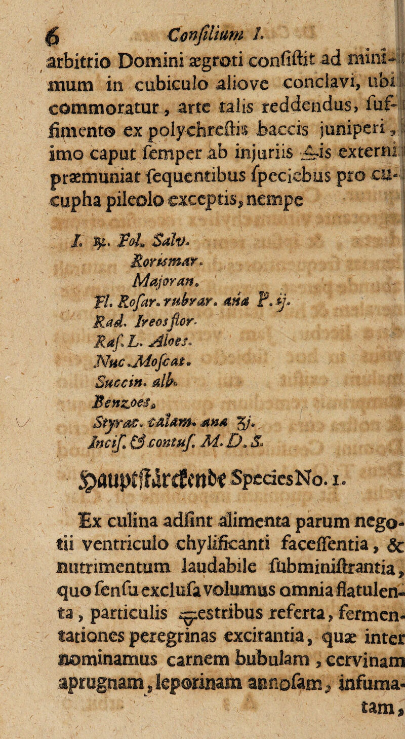 |5 Confilwm h arbitrio Domini aegroti confidit ad mini- inum in cubiculo aliove conclavi, ubi commoratur, arte talis reddendus, fuf- fimento ex poly-chreftis baecrs juniperi, imo caput femper ab injuriis J~is externi i praemuniat fequentibus fpecicbus pro cu- cupha pileolo exceptis, nempe l Fol Sato Rommar. Major an, fl. Roflar. rubrar. ana P. ifl Rad. Ir eos flor. Rafl* Ij* Nnc^Adoflcat* Succi». alK Benzpes* Styrax, f alam» ana 5/. Jncifl tScontufl. M* D, X ^aupfflarcfcnb^spcdesNo. 1. Ex culina adfint alimenta parum nego¬ tii ventriculo ehyliffeanti faceffentia, & nutrimentum laudabile fubminiftrantia, quo fenfu exclufa volumus omnia flatulen- ta, particulis ^estribus referta, fermen- tationes peregrinas excitantia, quae inter nominamus carnem bubulam , cervinam aprugnam , leporinam acnofam, infuma¬ tam»