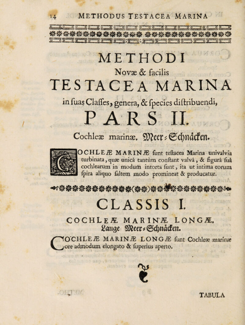 .0. 2 &—g. —g:2ZZa:2-,,.p,gs— J> G.^''*'*''‘fc'''^ ^~o ^' 'b'g“ ''''\a'g^*~~^^^^'a''''' ~o» ^q^'' 'd'o ' 6'q ''o'5^'''''olSr*  o~q'' ' 'd>' METHODI / Novae & facilis TESTACEA MARINA in fua? Clafles j genera, & foecies diftribuendi, PARS II. Cochleae marinae, S)?eei* ? @d^n4cfCtt. OCHLE^ MARINiE {unt teftacea Marina umvalvla turbinata, quae unica tantum conftant valva, & figura fua cochlearum in moduiH intorta funt, ita ut intima eoruna fpira aliquo faltem modo promineat & producatur. I CLASSIS I. COCHLEiE, MARINiE LONGiE, gange !SReer#©c&tidcfen. CO'CHLE.E MARIN/E LONGiE funt Cochlese mariW ore admodum elongato & fiiperius aperto. TABULA