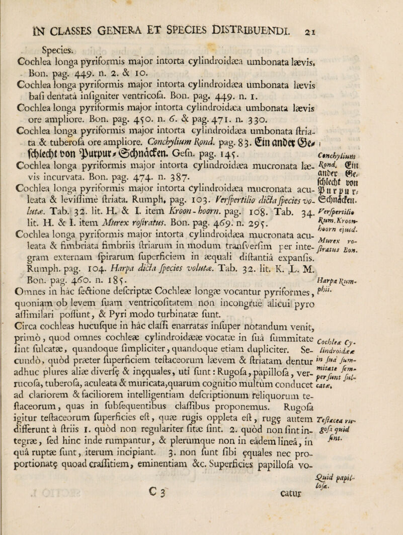 Species. Cochlea longa pyriformis major intorta cylindroidaea umbonata laevis, . Bon. pag. 449. n. 2. & 10. Cochlea longa pyriformis major intorta cylindroidaea umbonata laevis bafi dentata infigniter ventricofa. Bon. pag« 449. n. i. Cochlea longa pyriformis major intorta cylindroidaea umbonata laevis ore ampliore. Bon. pag. 450. n. 6. & pag. 471. n. 330. Cochlea longa pyriformis major intorta cylindroidaea umbonata flria- ta & tuberola ore ampliore. Conchylium kpnd. pag. 83. Sin CinOCI fcl)lecf)t Don ^utpur^@c^)nacfen. Gefn* pag. 14^. c$HchyiiHm Cochlea longa pyriformis major intorta cylindroidaea mucronata lae- vis incurvata. Bon. pag. 474. n. 387. wn Cochlea longa pyriformis major intorta Cylindroidaea mucronata acu- ?}ur|)u r# leata &; leviffime ftriata. Rumph, pag. 103. Ferfpertiiio di&afieciesvo- fecOnlcfeu. Iu(a. Tab.^ 32. Iit. H. Sc I. iteiH Kroon-hoorn. pag. 108. ^Tab. 34. ^erjperti/i» Iit. H. & I. item Afurex rojiratus. Bon. pag. 46’9. n. 29^. K^m.Kroon- Cochlea longa pyriformis major intorta cylindroidaea mucronata acu- leata & fimbriata fimbriis firiariim in modum tranfverfim per Bon gram externam fpirarum fuperficiem in aequali diftantia expanfis. Riimph. pag. 104. Harpa ditia fpecies voluU. Tab. 32. Iit. K. ,L. M. Bon. pag. 46'o. n. 18^* Harpa Omnes in hac fedione defcriptae Cochleae longae vocantur pyriformes, quoniam ob levem fuam ventricofitatem non incongrue alicui pyro allimiiari pofiiint, & Pyri modo turbinatae fiint. Circa cochleas hucufque in hac claffi enarratas infuper notandum venit, primo , quod omnes cochleae cylindroidaeae vocatae in fua fummitate cochle^e c fint filicatae, quandoque fimpliciter,quandoque etiam dupliciter. Se- Lindrondoi eundo, quod praeter fiiperficiem teftaceorum laevem & ftriatam dentur jum- adhuc plures aliae diverf^ & in^quales, uti fiint: Rugofa, papillola, ver- drfiinfdl rucofa, tuberofa, aculeata & muricata,quarum cognitio multum conducet ad clariorem & faciliorem intelligentiam deferiptionum reliquorum te- fiaceorum, quas in fubfequentibus claffibus proponemus. Rugofa igitur teftaceorum fiiperficies eft, quae rugis oppleta eft, rug^ autem Tejiacea; differunt a ftriis i. qiiod non regulariter fitac fint. 2. quod non fint in- tegrae, fed hinc inde rumpantur, & plerumque non in eadem linea, in qua ruptae fiint, iterum incipiant. 3. non fiint fibi aquales nec pro- portionat^ quoad craffitiem, eminentiam dcc. Superficies papillofa vo- C 3 catiir iQuid papii^ lofa.