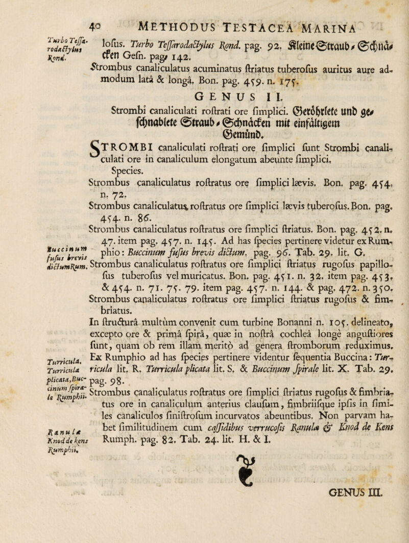 Turbo TeJ]k‘ rodaBylns 40 Methodus testacea marina lofus. Turbo TeffarodaBylus R$nd. ja, ^leine^ttaub/0Clblia# Cfen Gefn. pag/ 142. ^trombus canaliculatus acuminatus,flrlatus tuberofus auritus aure ad» modum lata & longa, Bon. pag. 4^9. n. 175^. GENUS II. Strombi canaliculati roftrati ore fimplici. Utlb fd)nab(rte 0ftaut>»0cf)ndcfen rait einfaltigetn ©etndnb. ^TROMBI canaliculati roftrati ore fimplici fiint Strombi e^nali-? '^culati ore in canaliculum elongatum abeunte fimplici, Species. Strombus canaliculatus roftratus ore fimplici laevis. Bon. pag. 454, n, 72, Strombus canaliculatum roftratus ore fimplici laevis tuberofus. Bon. pag, 45^4. n. 85. Strombus canaliculatus roftratus ore fimplici ftriatus. Bon. pag, 4^2. n, 47. item pag, 4^7. n. 14^. Ad has Ipecies pertinere videtur exRum^ fufus krtyls htevis diBum, pag. 95. Tab. 29. Iit. G, dicfum^um, Strombus canaliculatus roftratus ore fimplici ftriatus rugofus papillo- fiis tuberoftis vel muricatus. Bon. pag. 4^1. n. 32, item pag. 4^3* & 45^4. n. 71. 75'. 79. item pag. 457. n. 144. & pag, 472. n. 350, Strombus canaliculatus roftratus ore fimplici ftriatus rugoflis & fim^ briatus. In ftrudura multum convenit cum turbine Bonmni n. 105'. delineato, excepto ore &; prima Ipira, quae in noftra cochlea longe anguftiores funt, quam ob rem illam merito ad genera ftromborurn jreduximus. Turricula, ^ Rumphio ad has fpecies pertinere videntur lequentia Buccina: T//r- Turricula Ttcula Iit, R, TurviCfila flicata Iit. S, & Buccinum Jprale Iit. X. Tab. 29* plicata,Ruc- ^^Lg. 98. ]7^mphih Strombus canaliculatus roftratus ore fimplici ftriatus rugofus dc fimbria¬ tus ore in canaliculum anterius claufum, fimbriifque ipfis in fimi- les canaliculos finiftrofiim incurvatos abeuntibus. Non parvam ha¬ bet fimilitudinem cum cnffidibus vnrucofis ^ Knod dc Kens Rumph. pag. 82, Tab. 24. Iit. H. de I. MucetHum Hanu la Kmddek^ns J^4mph\h %