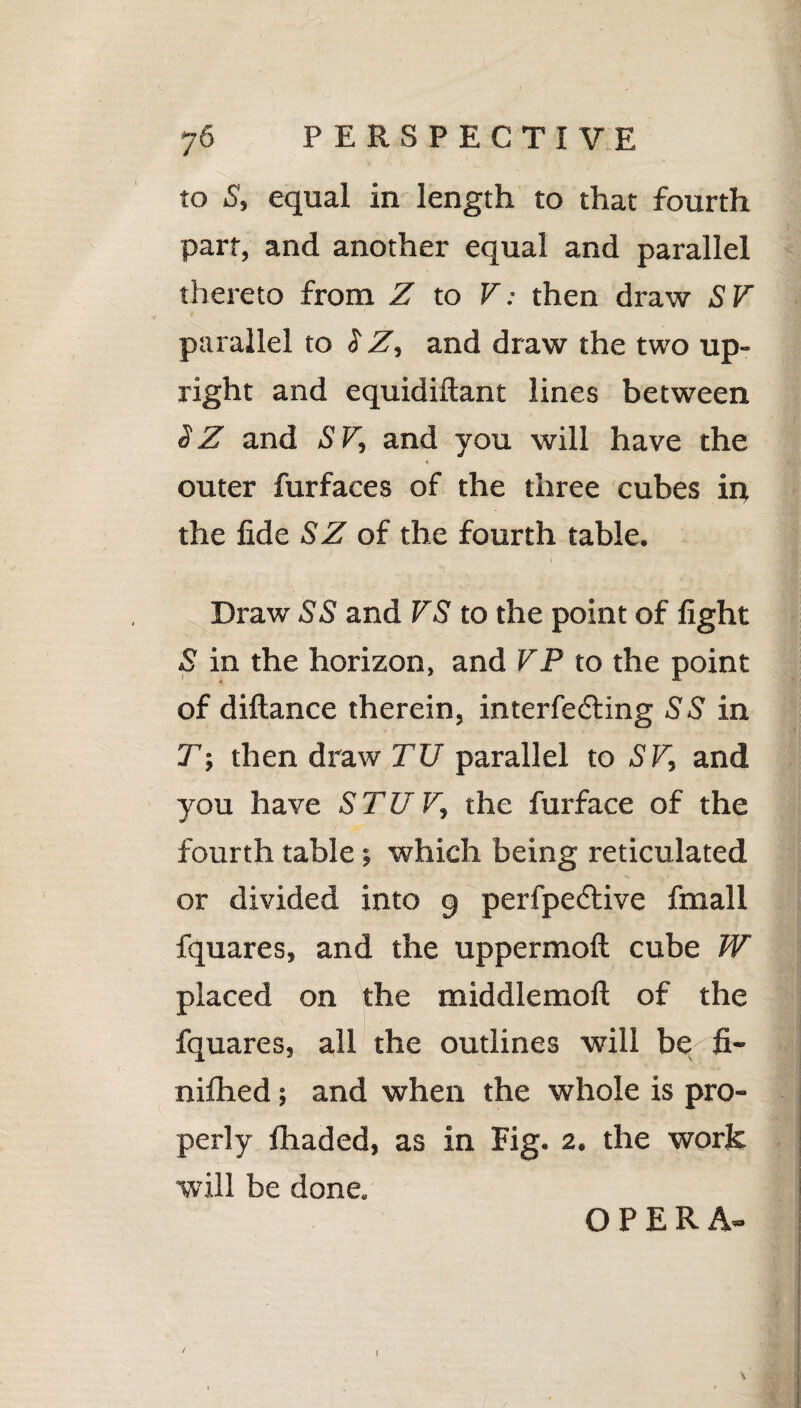 to .S, equal in length to that fourth part, and another equal and parallel thereto from Z to V: then draw S V parallel to $ Z, and draw the two up¬ right and equidiftant lines between 2Z and SV, and you will have the outer furfaces of the three cubes in the fide SZ of the fourth table. I / - v - v Draw SS and VS to the point of fight S in the horizon, and VP to the point of diftance therein, interfering SS in T; then draw TU parallel to SV, and you have STU V, the furface of the fourth table ; which being reticulated or divided into g perfpedlive fmall fquares, and the uppermoft cube W placed on the middlemoll of the fquares, all the outlines will be fi- nifhed; and when the whole is pro- perly fhaded, as in Fig. 2. the work will be done, OPERA- I