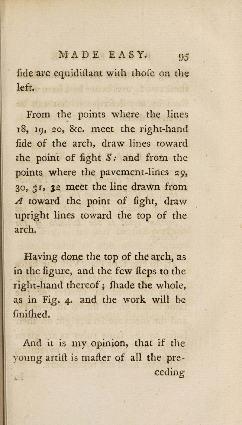 fide are equidiftant with thofe on the left. From the points where the lines 18, ig, 20, 8cc. meet the right-hand fide of the arch, draw lines toward the point of fight S: and from the points where the pavement-lines 29, 30, 32 meet the line drawn from A toward the point of fight, draw upright lines toward the top of the arch. • Having done the top of the arch, as in the figure, and the few fteps to the right-hand thereof; lhade the whole, as in Fig. 4. and the work will be finifhed. And it is my opinion, that if the young artift is mafter of all the pre¬ ceding