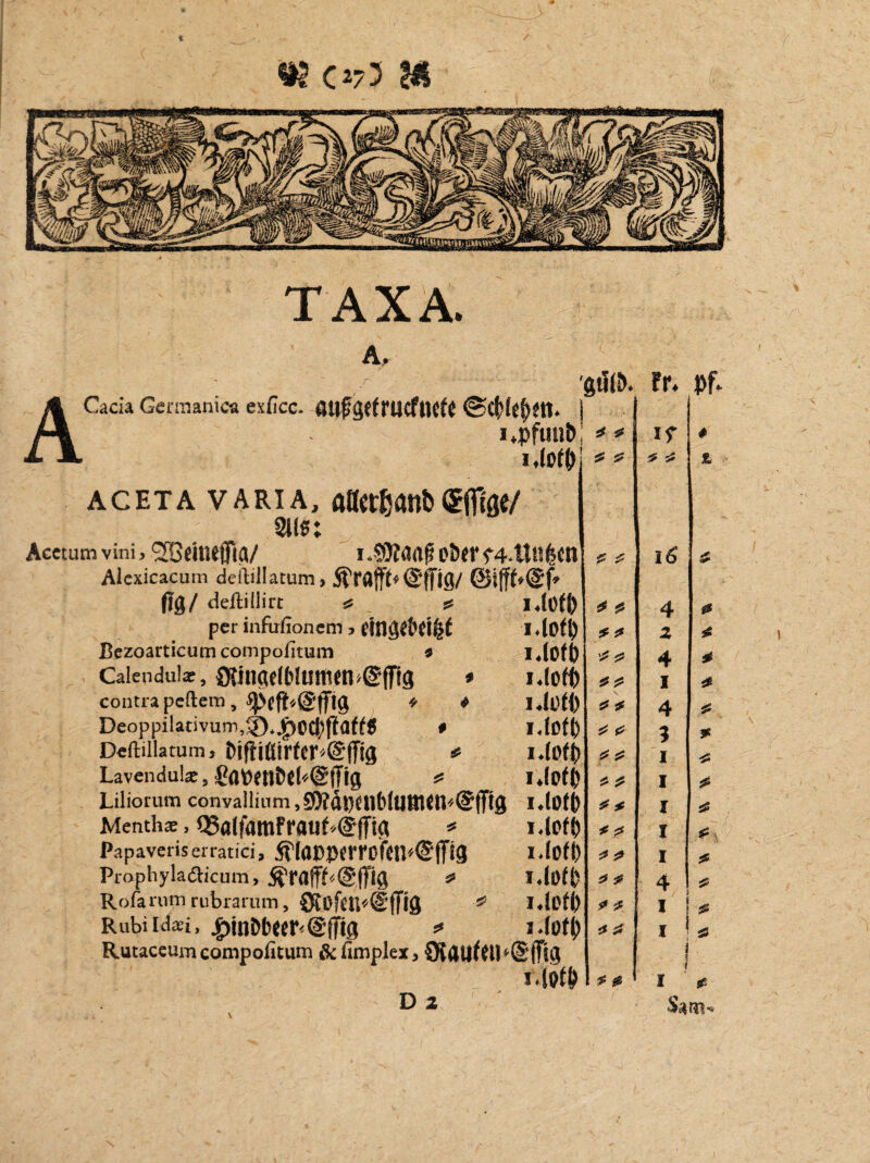 A TAXA. A, ’gtlß. fr. Cacia Germanica exficc. «ufgefrucfueft | | i.pfunt)'** i.lofö aceta varia, aHct^anb(gfilöe/ 2iie: Acetum vini, ‘^Beintflig/ i.SRaaß ober^.tJtipn Alexicacum deftillatum, Sfrap*@ffig/ flg/ deflillirt ss * i.toffr per infufionem , fingrt'd^ I.lOfl) Bezoarticum compofitum a I.l0(6 Calendulae, Ojingefbluttirn^fTig * I.foffc contra pcftem, ^cft«@(fig ♦ * I.lOfj) Deoppiladvum,g).^ocbfiaf^ * l.lofb Deftillatum, btfItÜ!rfor»@fTtg # I.fofj) Lavendul*, £a»f«t»eMSffig ? I.loffe Liliorum convallinm ,SO?ai)f«bIutn<n<@ffig i.lofb Menth®, <35alfamfrau^@ffig * Uofb Papaveriserratici, Ä’löDP{rrDfCU/'€fT!8 I.lOfJ) Prophylaiäicurn, ^rap'-@0“ig * l.lüfi? Rofarum rubrarum, CScfctpiSffifl 55 i.lofb Rubiidffii, ^inDbeer^ffig *« Rutaceumconipoiitum fkfimplex, SKai|f(ll*(5|Ttg • Dj 4 4 4 4 4 4 4 44 4 4 4 4 4 4 4 * 4 4 4 4 4 4 4 4 16 4 2 4 I 4 3 i i i I i I i 44 1 I \\