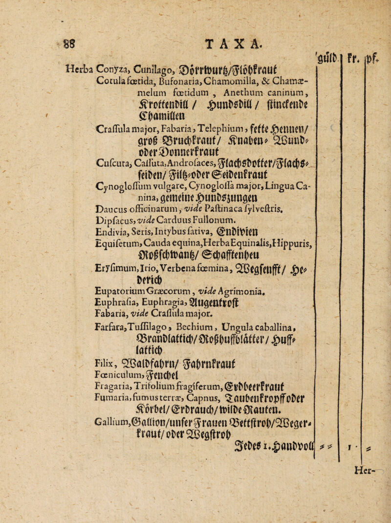 Herba Conyza,, Cunllago, S6rrt»urijl/$tö()fraU{ Coculaketida, Bufonatia, Chamomilla, & Chams- melum fcetidum , Anethum caninum, ^rotonDUl / #imt>$tnä / ftmcfeufc* Crailula major, Fabaria > Telepbium > fttk |)CtUKt1/ grog SBrucI)friiiif/ jätiattsw 2Bui\t* o6er®i)nner!raut Cu fc Lira.) Caifuta,Ändrofac€s, fatV|5(ßC()0* feiDen/ ^t(fe^&er@eit>cnfraut CynoglofTum vulgare, Cynogloilä major, Lingua Ca- nina, gettttitlt #UtlD0 {Ittlgtll Daucus offidnarum,vide Paftinacafylveftris, Dipfaeus, vide Carduus Fullonum. Endivia, Seris, Intybus fativa, Equifetunb Cauda equina,HerbaEquinalis,Hippuris, Sl0#fdbtt>anfe/ @#afffenl)eu Eryfimum/IriojVerbenafixmina, Detidb Eupatorimu Craecorum, viele Agrimonia. Euphrafia, Euphragia, 2}lJ<5*ftf|Cft Fabaria, vide Crailiila major. Farfara,Tuflilago5 Bechium, Ungulacaballina» Q5ranDla(ficlV3iopt)uffbldt^r/|)uff^ Füix, 2ßalt>fal)rn/ ßübnitmt Faeniculurnj $md)d Fragaria, Trifolium fragiferum,@tft»(wrf!'flUf Fumaria.fumusterra?, Capnus, 'S.flUbftlfropffObrF Äbrbel/ (grbroueb/ toilbe Öl outen. Gallium,® aüion/unftr grauen Q5ett|iro()/2ßeger< front/ ober seegflroO 3etw i.ljantwotf