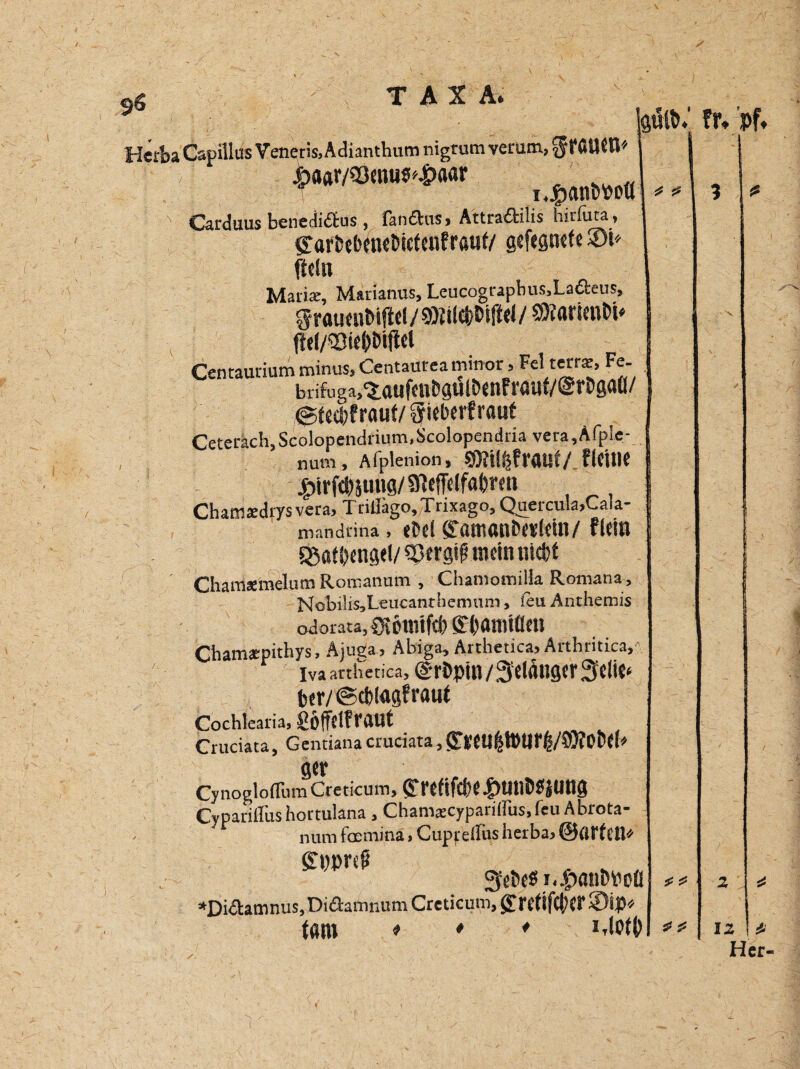 9* HeAa Capillus Venetis, Adianthurnnigtum vecutn, ^frßtSCn ■ ■■s Carduus benedi&us, fan&us» Attra£tilis hiriuta, garbebenebictenfrauf/ gsftsmfe *)fc ffefn Mari*, Marianus, Leucograpbus.Laöxus, $rauenbiftel/ 9)?il Wlfel / 9)?arimb t« ffel/Siettbiflel Centauriumminus,Centaureaminor, Fel terra, Fe. brifuga^oufnibplbenfrauf/erbgaü/ @fed;f rauf/ gieberf raut Ceteräch,Scolopendrium,Scolopendria vera,Afpie- num, Afplenion, SOttlfefraUf/.. flCJlK |>irM>iiui8/9lejf«lf«(iren Chamsdrysvera, TrilIägo,Trixago, Quercula.Cala- mandrina , tbel £am«Ube*fetn/ flCt» SB«f£>cngel/ «Bergig mein nicbf ' ChamaemelutnRotranum , Chamomilla Romana, Nobi!is,Leucantnemum, feu Anthemis odorata.^smmfd) Sbanuüeu Chamaepithys, Ajuga, Abiga, Arthetica»Arthritica,-. iva arthedca, @rbpin / Sddusfr Seite* / bcr/@cb(agfraut Cochlearia, ßöffelf raut Cruciata, Gentiana cruciata, gTieU^tilUr^/SOIObel* ger CynoglofllimCreticum, <Trefifcf>e ^>U«t»£i|Ung Cyparillus hortulana , Chaniscypariilus.feu Abrota- nurn feemina, Cuprellus herba, ©arfctt» gppreg . k , Sebes i.-pattbPoü *Di<5hmnus,Di<äamnumCreticum,£re(tfd/cr2)ip< fam ♦ ♦ * Mbfd