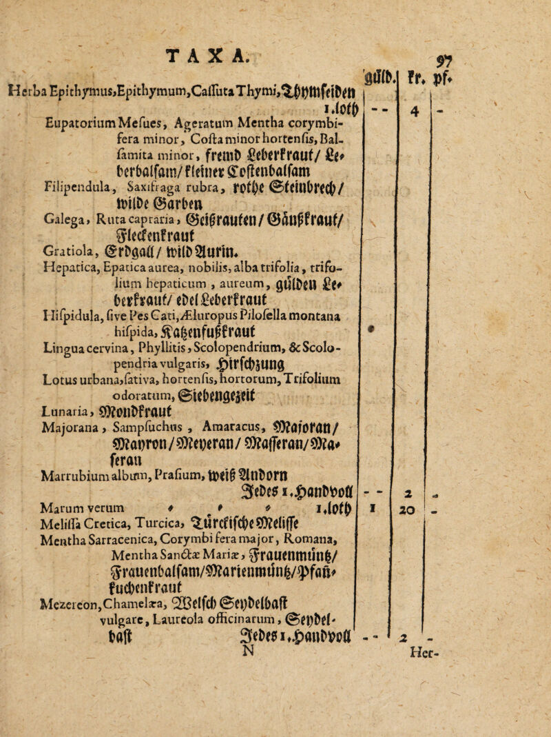 Herba Epichynuis>Epithymum,CairutaThymi,^OIttfei^tl EupatoriumMefues, Agerattim Mentha corymbi- fera minor, Cofta minor hortenfis,Bal- famita minor, fielWfnUlf/ 8f? fcerbalfam/ f (einer SToflenbatfam Filipendula, Saxifraga rubra, |*0ff)e ©feillbrecfy/ tmlDe@arbeti - Galega» Rutacapraria, @cigrauf«n/@au^rauf/ ileefmfraut Gratiok, (grDgafl/tpilbSSurin» Hepatica, Epaticaaurea, nobilis.albatrifblia, trifo- iium hepaticum , aureum, gtglbeiJ berfrauf/ ebeI8eberfraut I lifpidula, five Fes Gati,y£luropus Pilofella montana hifpida^a^enfu^raut Lingua cervina, Phyllitis, Scoiopendrium, 6c Scolo- pendria vulgaris, «jPWfcbälMg Lotus urbana,(ativa, hortenfis,hortorum, Trifolium odoratum, ©itbensejeit Lunaria, SOiOllMrdUt Majorana > Sampfüchus , Amaracus, SWöjorßtl/ SWaoron J SW< wran / SWaffiran/ 9)?«» ferau Marrubium albrnn, Prafium, Wtlfconi 3fcä>est a.^anDtooö Marum verum * * * I.W\ MeliHa Cretica, Turcica, ^Ur(ftfd[)e9)JeÜffe Mentha Sarracenica, Corymbi fera major, Romana, Mentha Sandte Mariae, SratKnmtinfc/ ^raucn&alfflm/SWartennjtlnfe/^fflüo fuctmtfraut Mezeieon,Chameka, ‘iBflfcl! @C!lt'C(i)afT vulgatc, Laureoia officinarum, tafl 3et)(0i,.pöiiM^ca N gtlß
