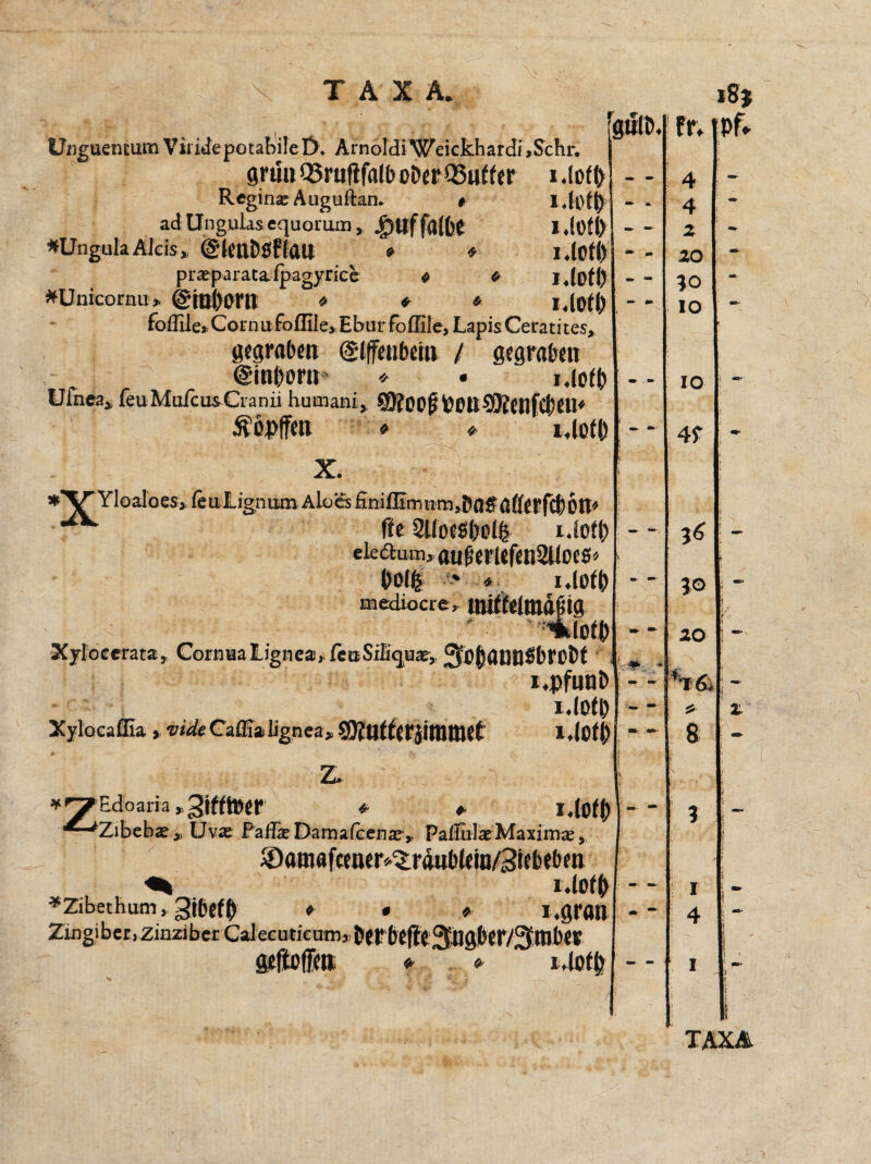 V TAXA. Unguentum ViridepotabileD. Arnoldi Weickhardi»Sehr. grün Q5ruftfalb oDer Q3utfer i .lof I> Regina: Auguftan. t ad Unguias equorum , |5tlffalbe I.loll) *UngulaAlcis, (gletl&SflaU » * I.lOfl) pia:parata.lpagyrice « * I .lof 6 fcUnicornu» @tD()0rn * « * i, lof ft foffile» Corn a foffile, Ebur foffile, Lapis Ceran tes, gegraben @(ffenbein / gegraben r.lofft Uinea, feuMuicusCranii humani X. 4 ,-VrYloaJoes>ieuLignumAloesfidfEmnm,Pa8:aßeffcbÖtt» fle 2UlkSI)p1| iJofl eie<aum, an berlefenSUces« ' ^ mediocre, tnitfelmaf ig ;*lefft Xylocerata, CornuaLignea,feuSiEqu*, ffßftdnnSbtDbt i.pfui l.lo Xyloeaflia »vtdeCaffiaiignea» SS&Ufferjitnittet l.lC z. . f V . * *4 TT ^ * ** • W- « v. . . ‘ - • ' i ^r^Edoaria^giftoer ♦ * Uc Zibeba? x Uvx Paflk Damafeenar,. PafiulaeMaxime, Sanaftemr^r^tein/Stebefr« *Zibethum, * Zingibcr, zinziber Calecuticum* * * i.gran ibee i.lofft jgnlb. fr. u — 4 •* » 4 •m- 2 20 30 IO IO j — - ! 4f i . ~ ^ i 3^ 1 » “ — 1 JO i J - * 20 j '■16. » “ * 8 ) - * / , > ' j 3 i V : — — \ ; I | m . 4 1 ! - i I ! 1 '! : i8j Pf* TAXA