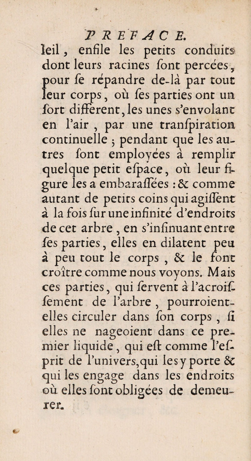 leil, enfile les petits conduits dont leurs racines font percées, f>our fe répandre de-là par tout eur corps, où fes parties ont un fort different,les unes s’envolant en l’air , par une tranfpiration. continuelle 5 pendant que les au¬ tres font employées à remplir quelque petit efpace, où leur fi¬ gure les a embaraflees :dc comme autant de petits coins qui agiflent à la fois fur une infinité d’endroits de cet arbre , en s’infinuant entre fes parties, elles en dilatent peu à peu tout le corps , de le font croître comme nous voyons. Mais ces parties, qui fervent à l’acroif. fèment de l’arbre , pourroient» elles circuler dans fon corps , fî elles ne nageoient dans ce pre¬ mier liquide, qui eft comme Pef» prit de l’univers,qui les y porte de qui les engage dans les endroits où elles font obligées de demeu¬ rer.