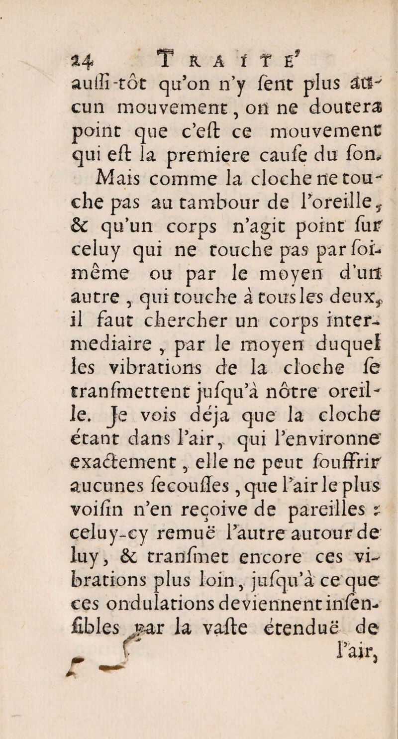 a4 Trait e* auiîî-tôt qu’on n’y lent plus âiV cun mouvement, on ne doutera point que c’eft ce mouvement qui eft la première caufe du fon. Mais comme la cloche ne tourf che pas au tambour de l'oreille ÿ & qu’un corps n’agit point fur celuy qui ne touche pas par foi- même ou par le moyen d’un autre , qui touche à tous les deux*, il faut chercher un corps inter¬ mediaire par le moyen duquel les vibrations de la cloche le tranfmettent jufqu’à nôtre oreiT le. Je vois déjà que la cloche étant dans l’air, qui l’environne exactement, elle ne peut fouffrir aucunes fècouffes ,que l’air le plus voifîn n’en reçoive de pareilles t celuy^-cy remue l’autre autour de luy, 6c tranimet encore ces vi¬ brations plus loin, jufqu’à ce que ces ondulations deviennent infen- fîbles mar la vafte étendue de