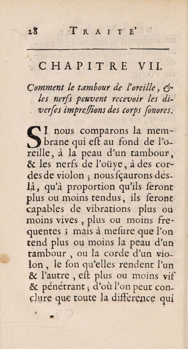 CHAPITRE VIL Comment le tambour de l'oreille, & les nerfs peuvent recevoir les di- ver [es imprefions des corps fonores. SI nous comparons la mem¬ brane qui eft au fond de l’o¬ reille, à la peau d’un tambour, les nerfs de l’oiiye, à des cor- des de violon 3 nous fçaurons dés¬ la, qua proportion qu’ils feront plus ou moins tendus, ils feront capables de vibrations plus ou moins vives , plus ou moins fre¬ quentes > mais à mefure que Ion tend plus ou moins la peau d’un tambour , ou la corde d’un vio¬ lon , le fon qu’elles rendent l’un & l’autre , eft plus ou moins vif & pénétrant 3 d’où l’on peut con¬ clure que toute la différence qui